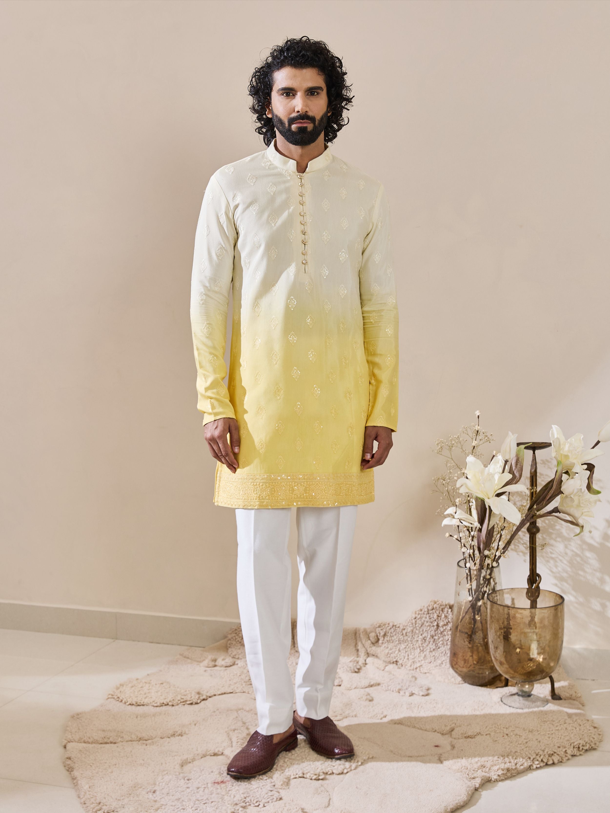 faded White & yellow Chikankari embroidered Indo-Western