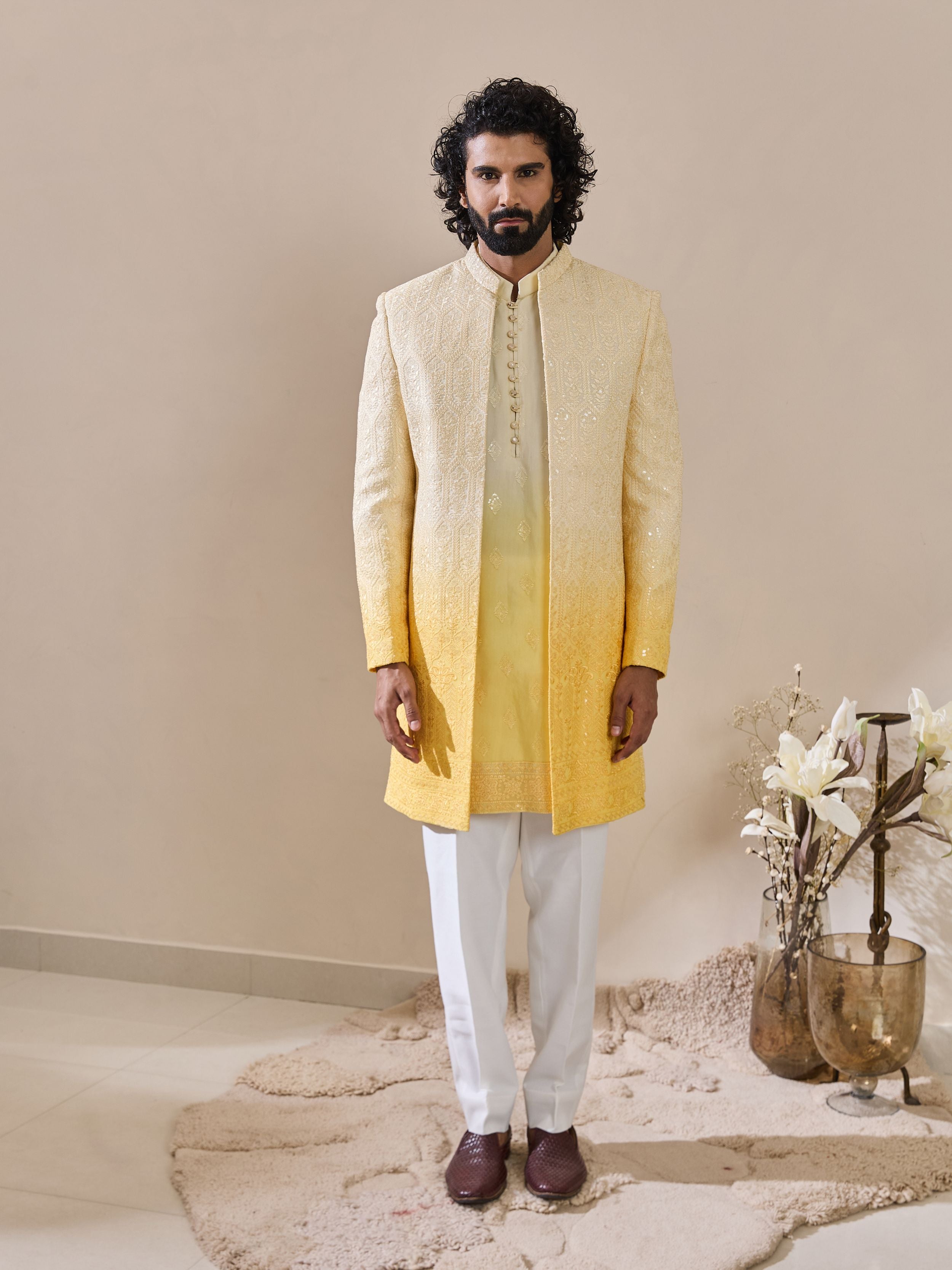 faded White & yellow Chikankari embroidered Indo-Western