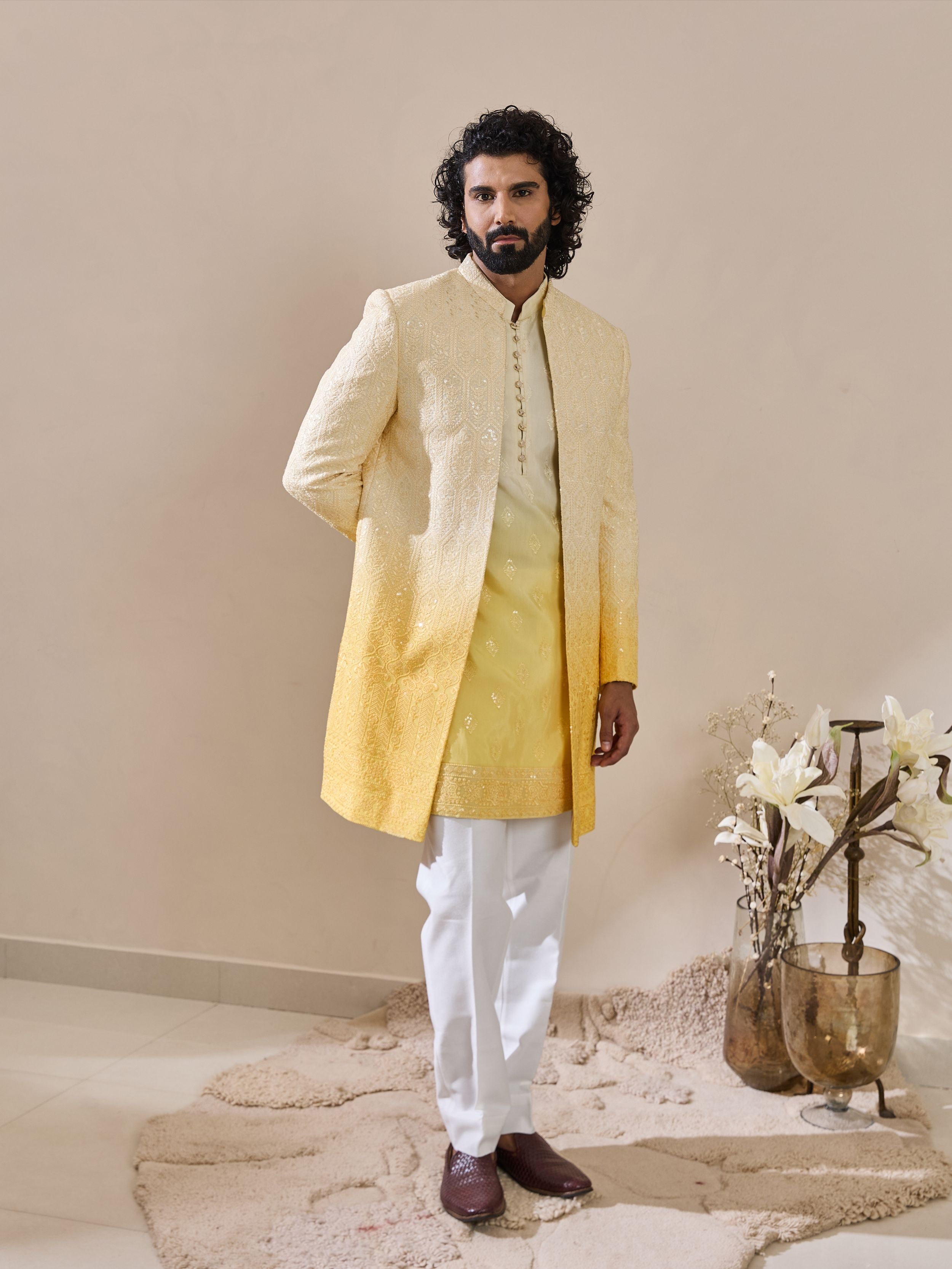 faded White & yellow Chikankari embroidered Indo-Western