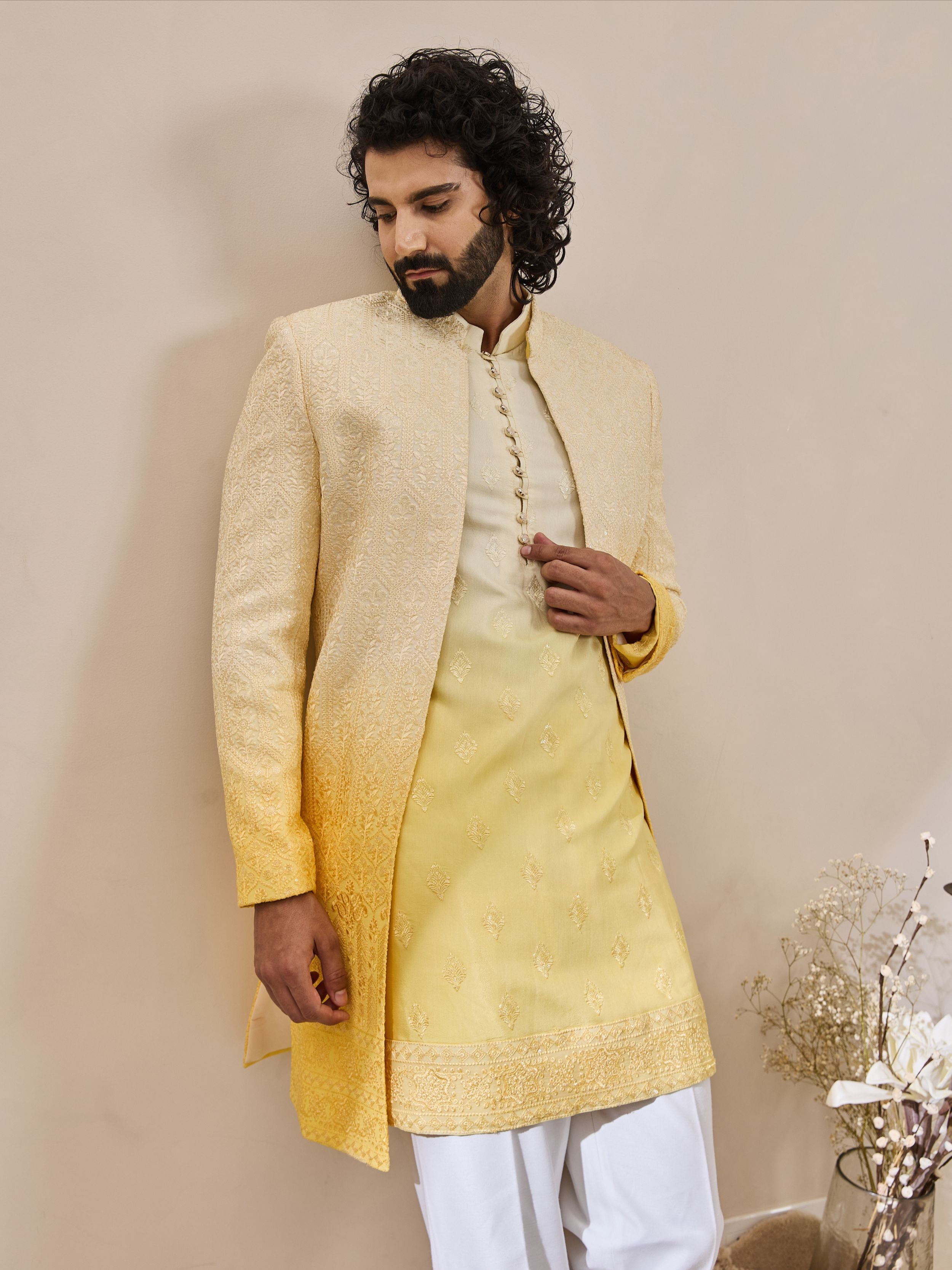faded White & yellow Chikankari embroidered Indo-Western