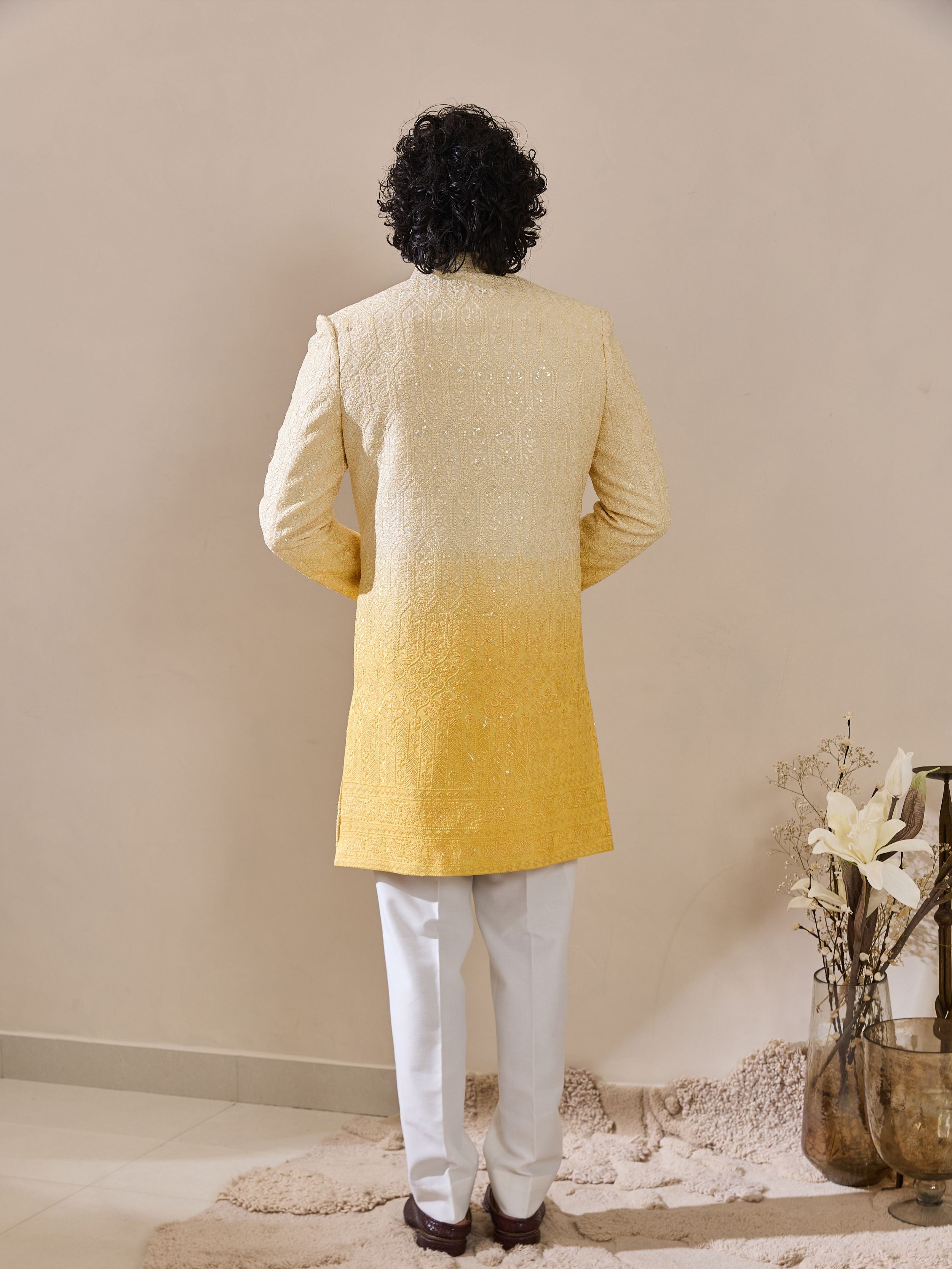 faded White & yellow Chikankari embroidered Indo-Western