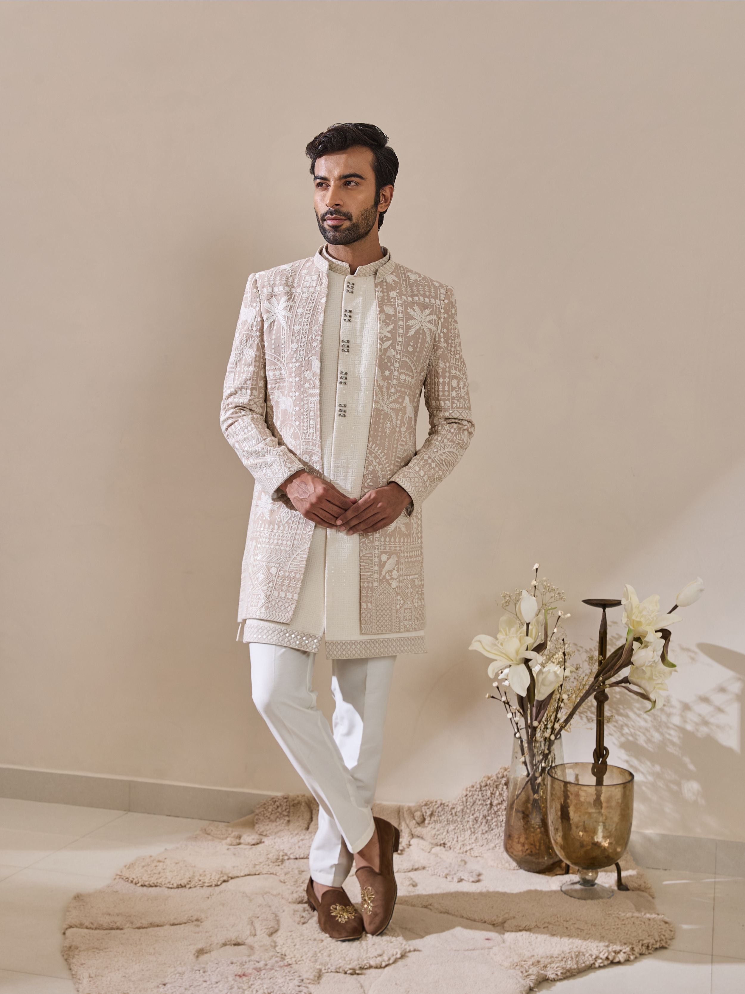 Fawn White Thread Work Embroidered Indo-Western