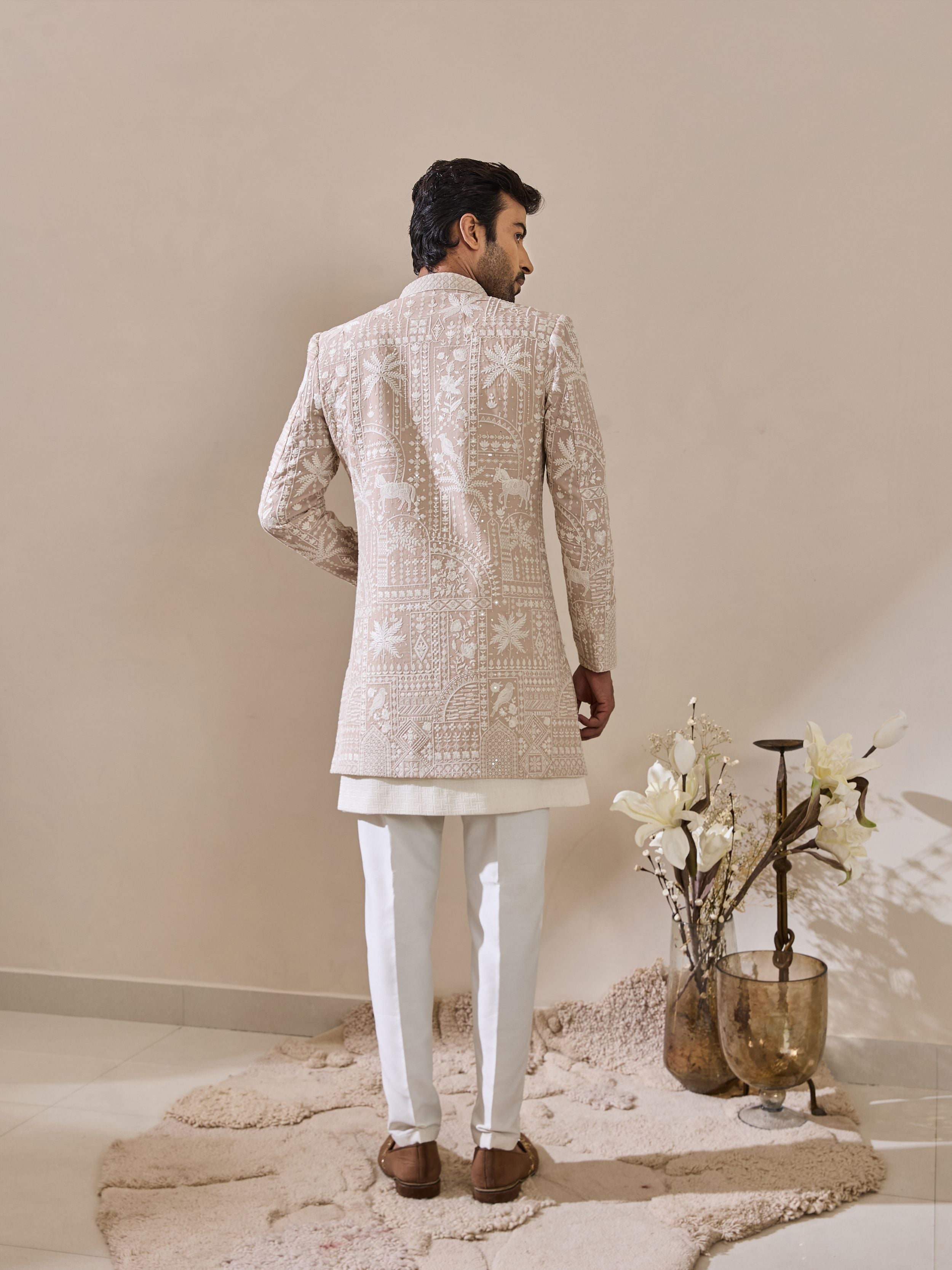 Fawn White Thread Work Embroidered Indo-Western