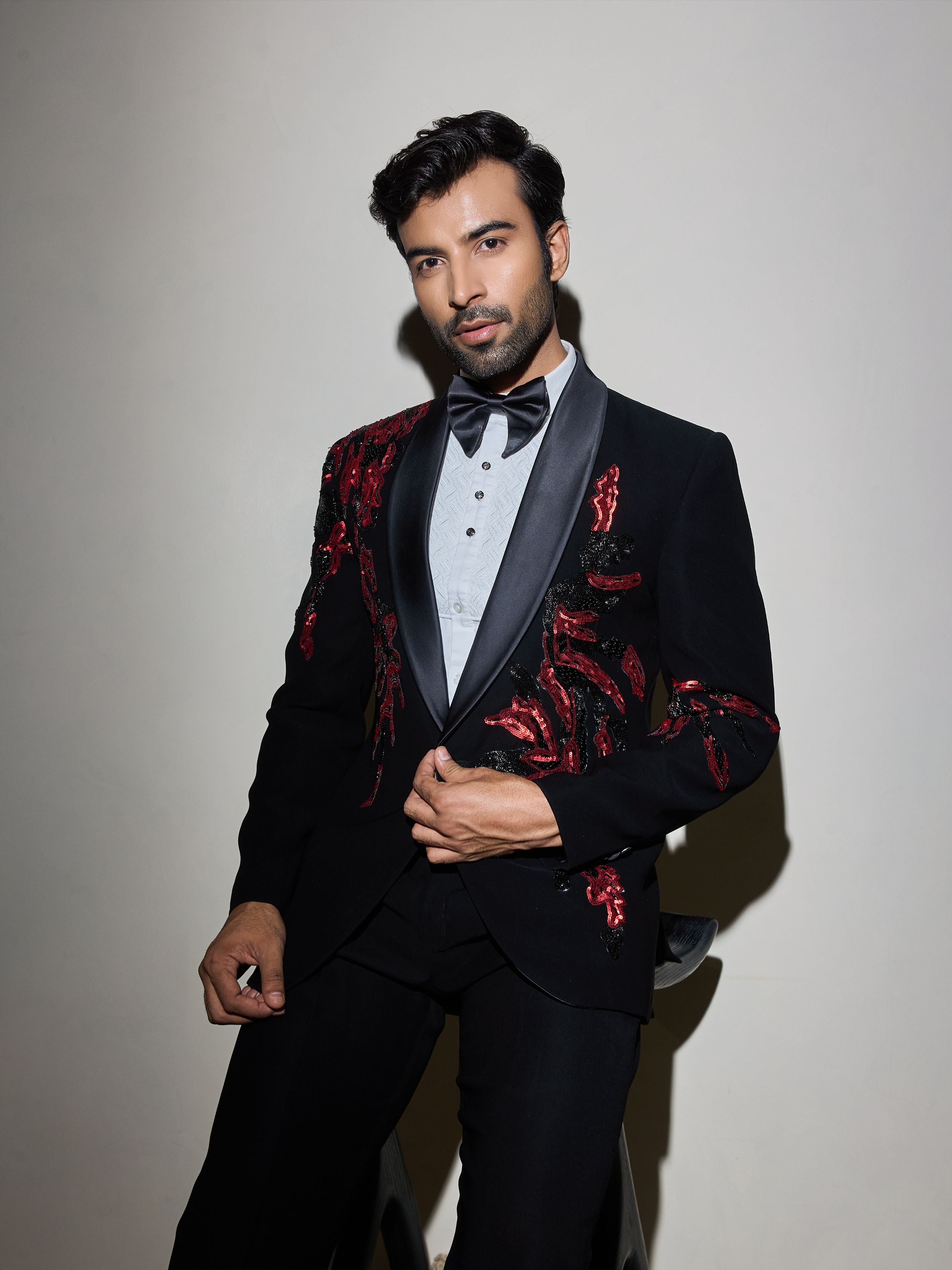 Black Sequin And Cutdana Hand Emboridery Tuxedo Set