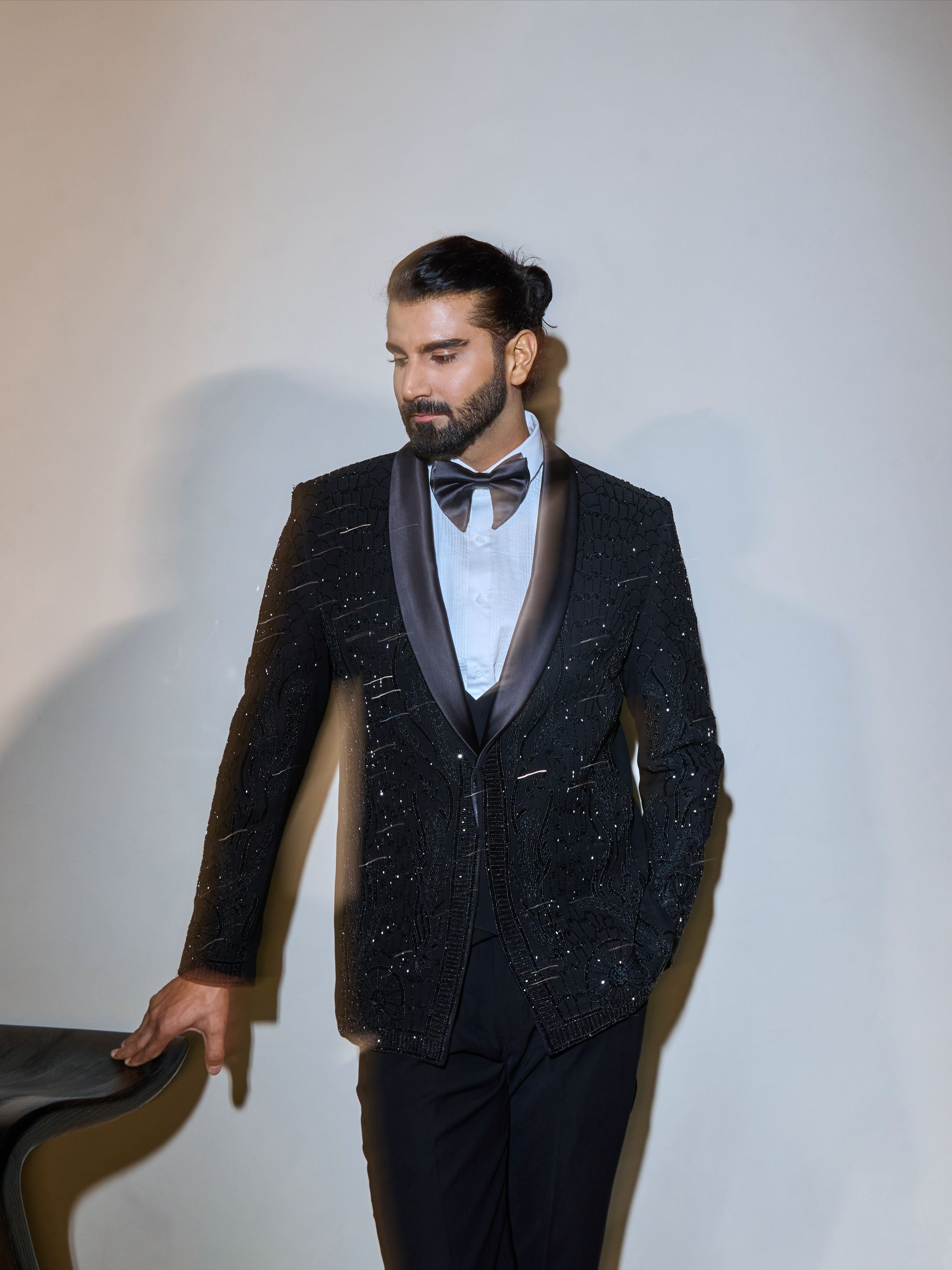 Black Cutdana And Beads Embroidery Tuxedo Set