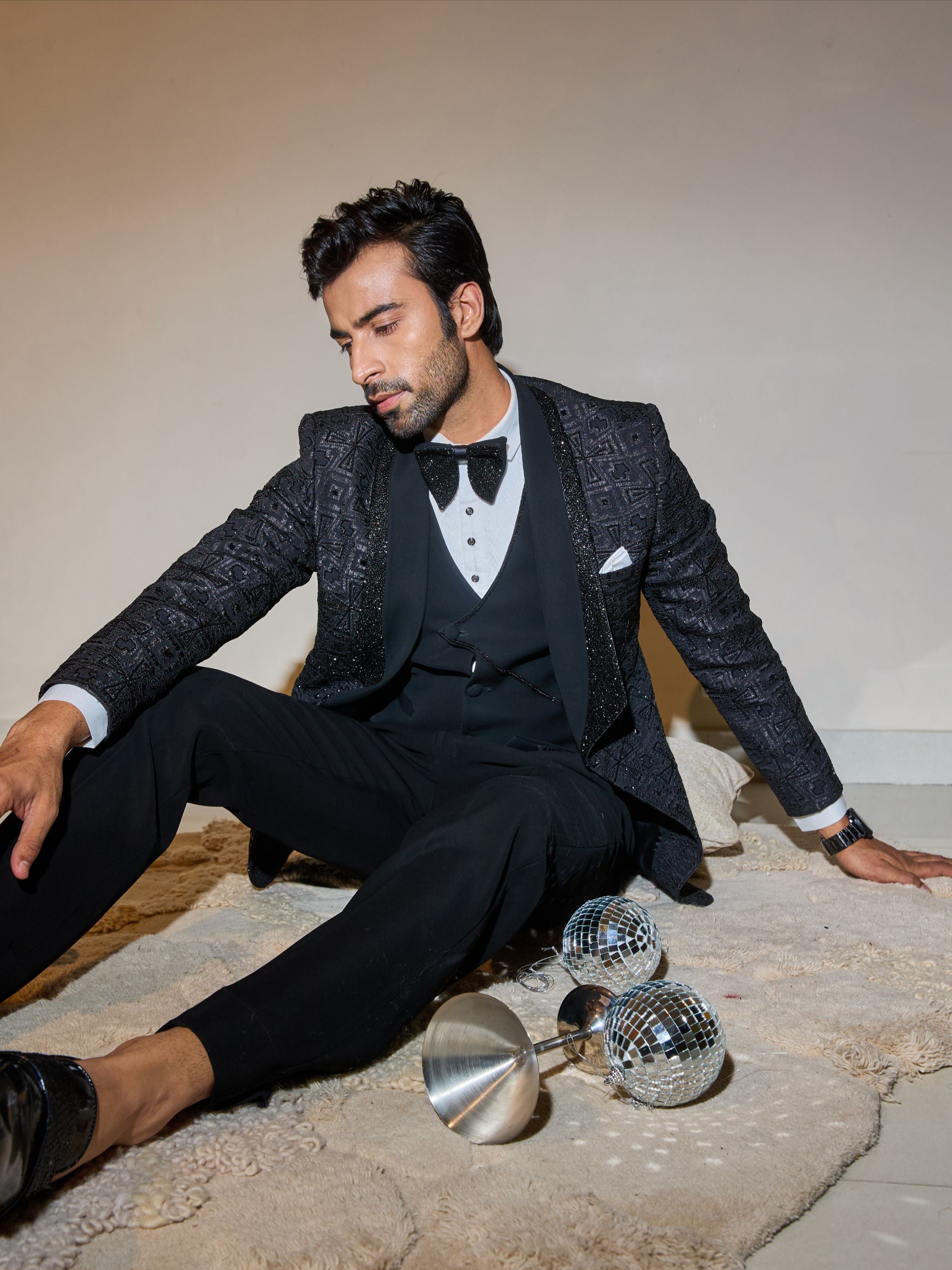 Black Cutdana And Thread Embroidery Tuxedo Set