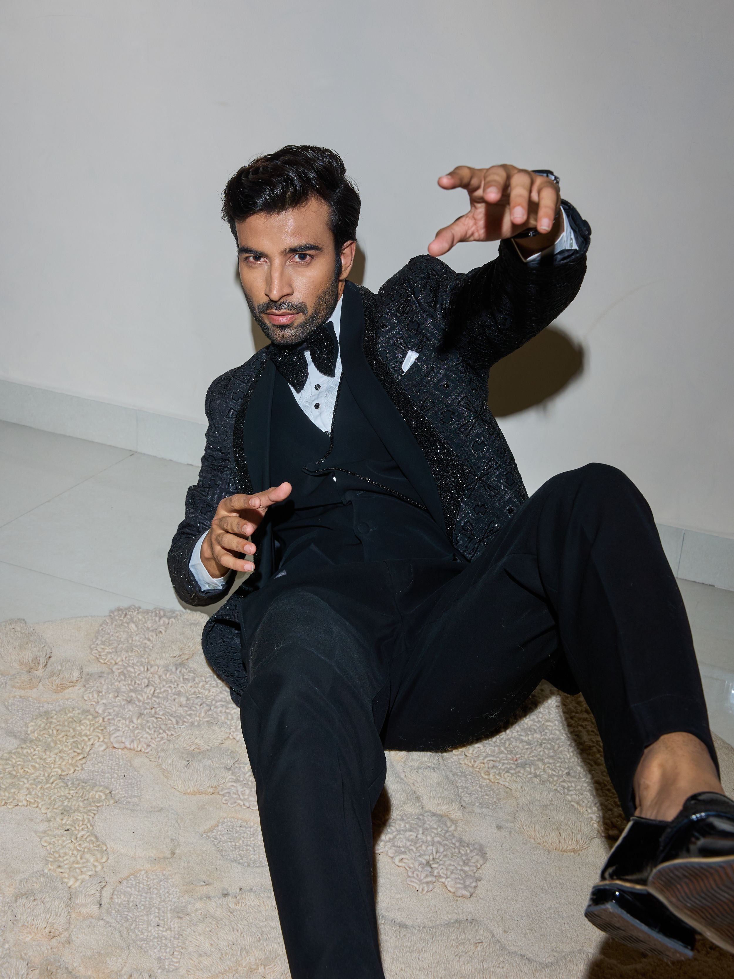 Black Cutdana And Thread Embroidery Tuxedo Set