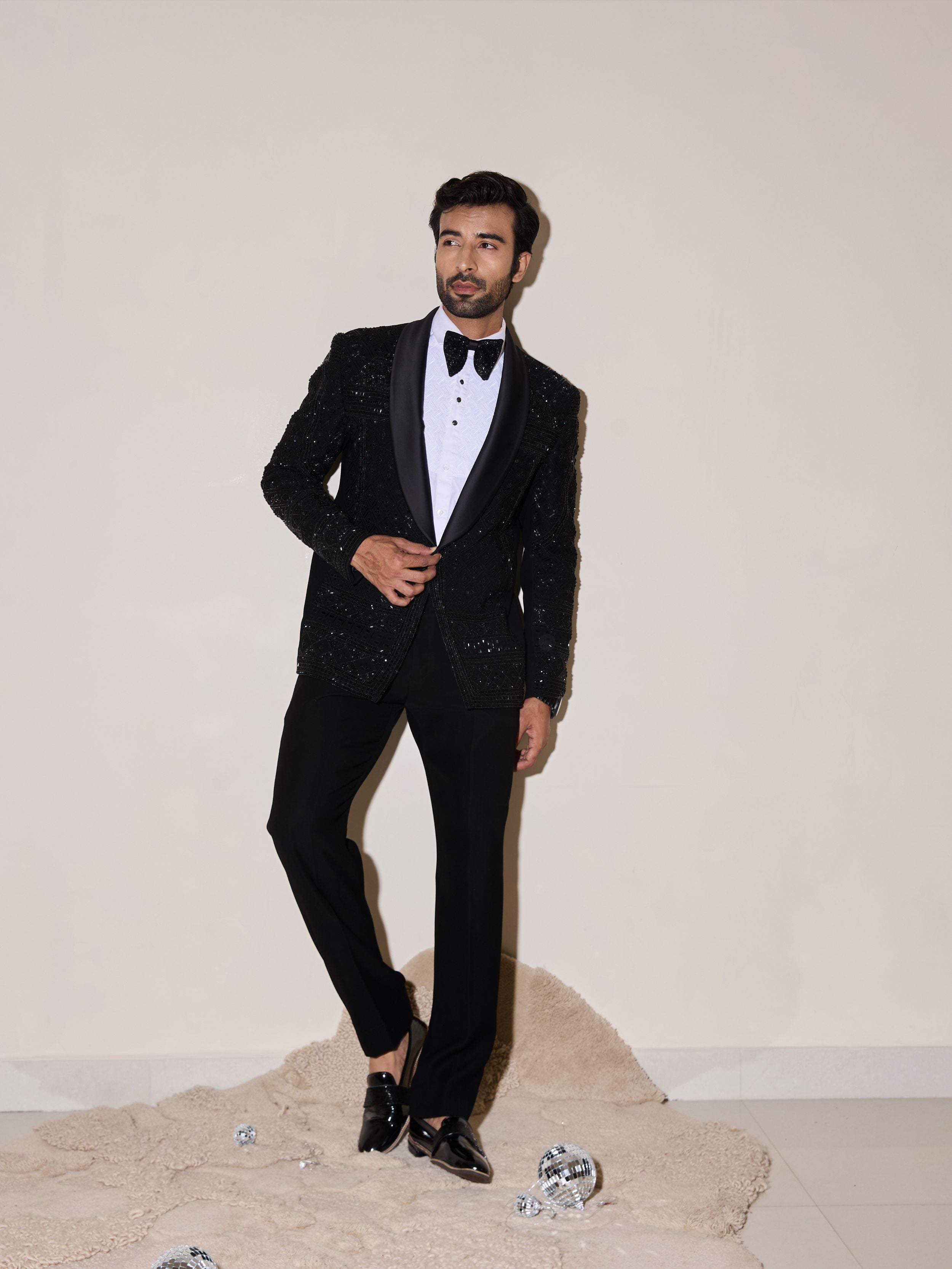 Black Cutdana And Beads Embroidery Tuxedo Set