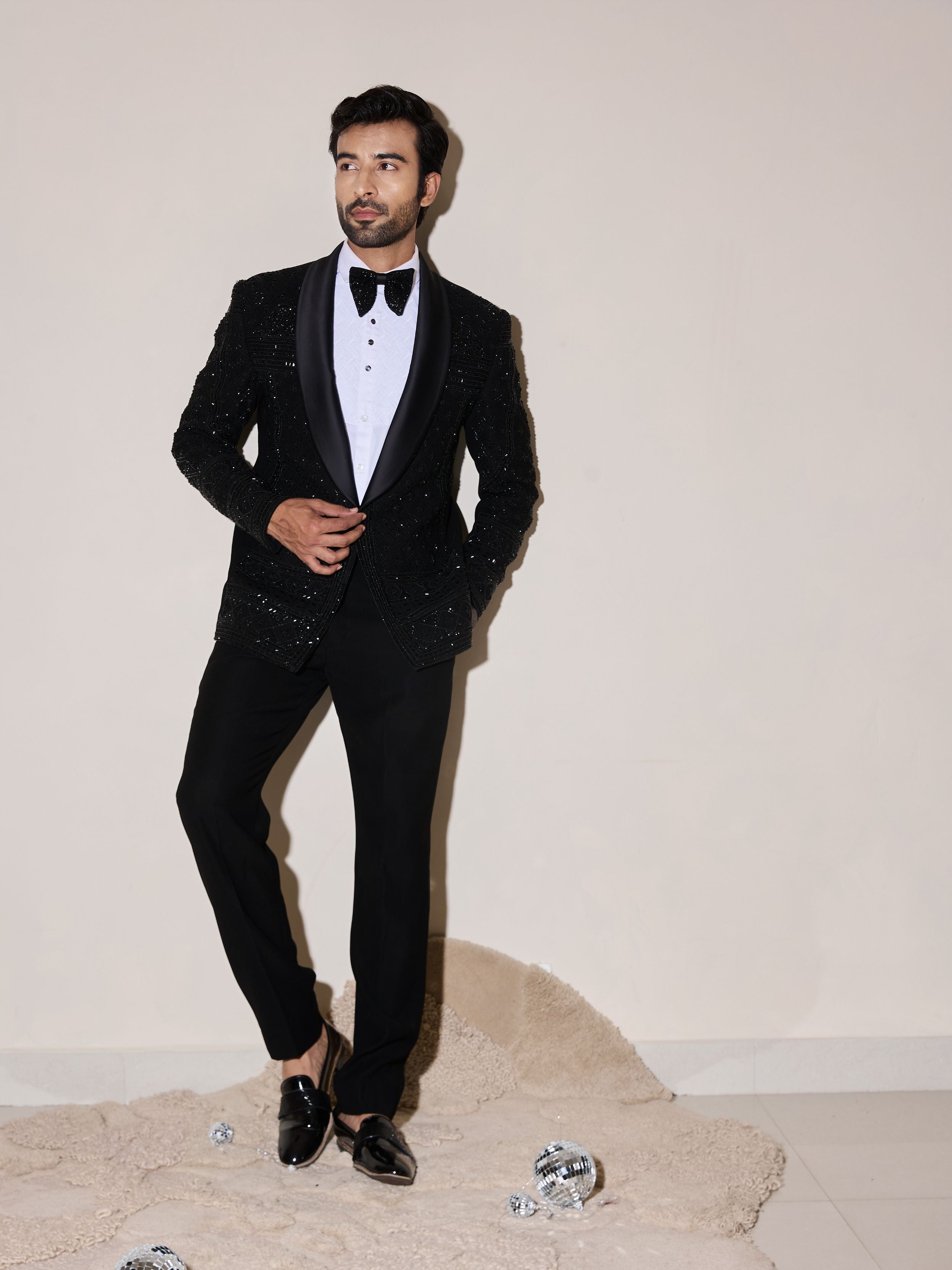 Black Cutdana And Beads Embroidery Tuxedo Set