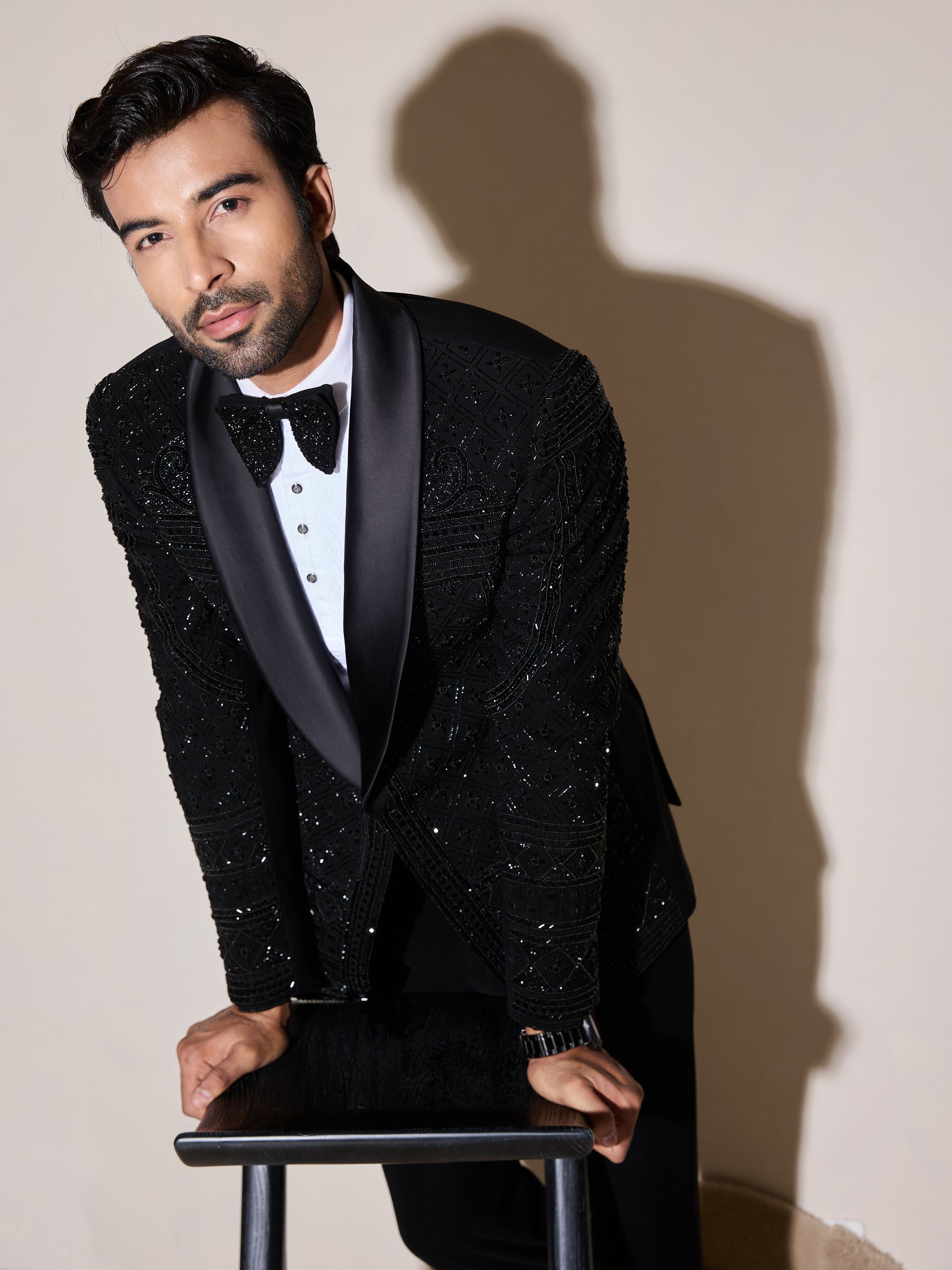 Black Cutdana And Beads Embroidery Tuxedo Set