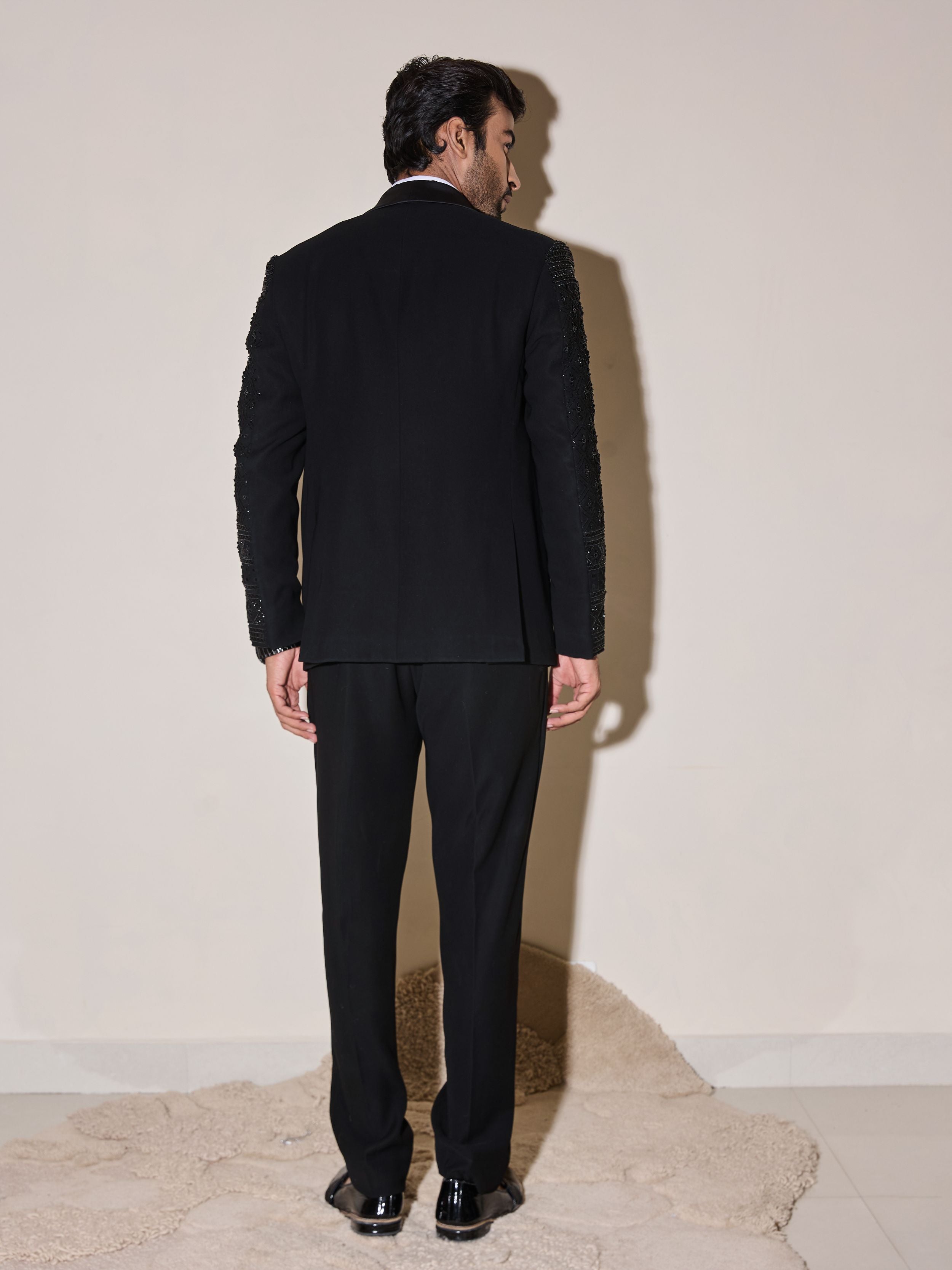 Black Cutdana And Beads Embroidery Tuxedo Set