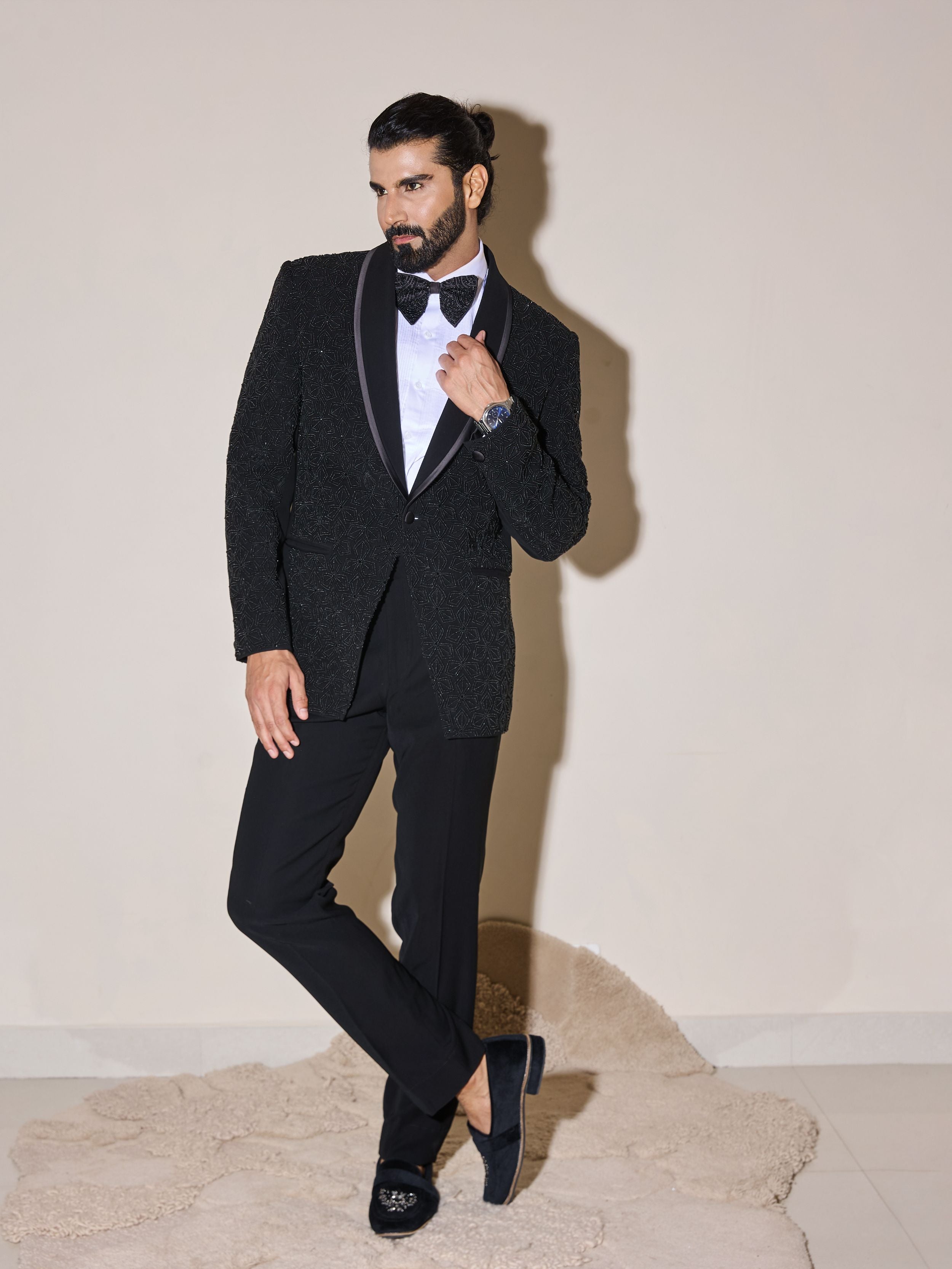 Black Beads Embroidery Tuxedo Set