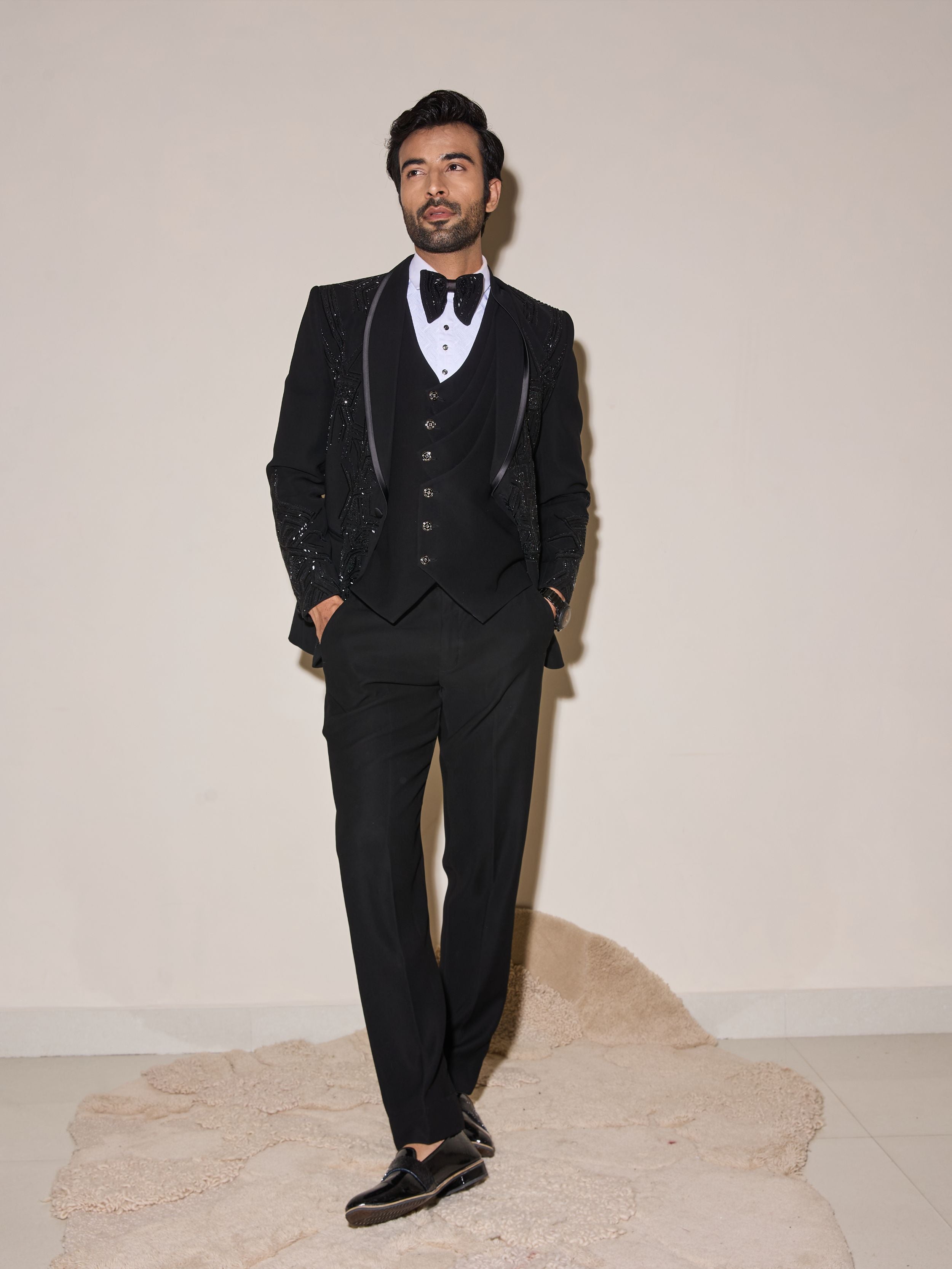 Black Cutdana And Beads Embroidery Tuxedo Set