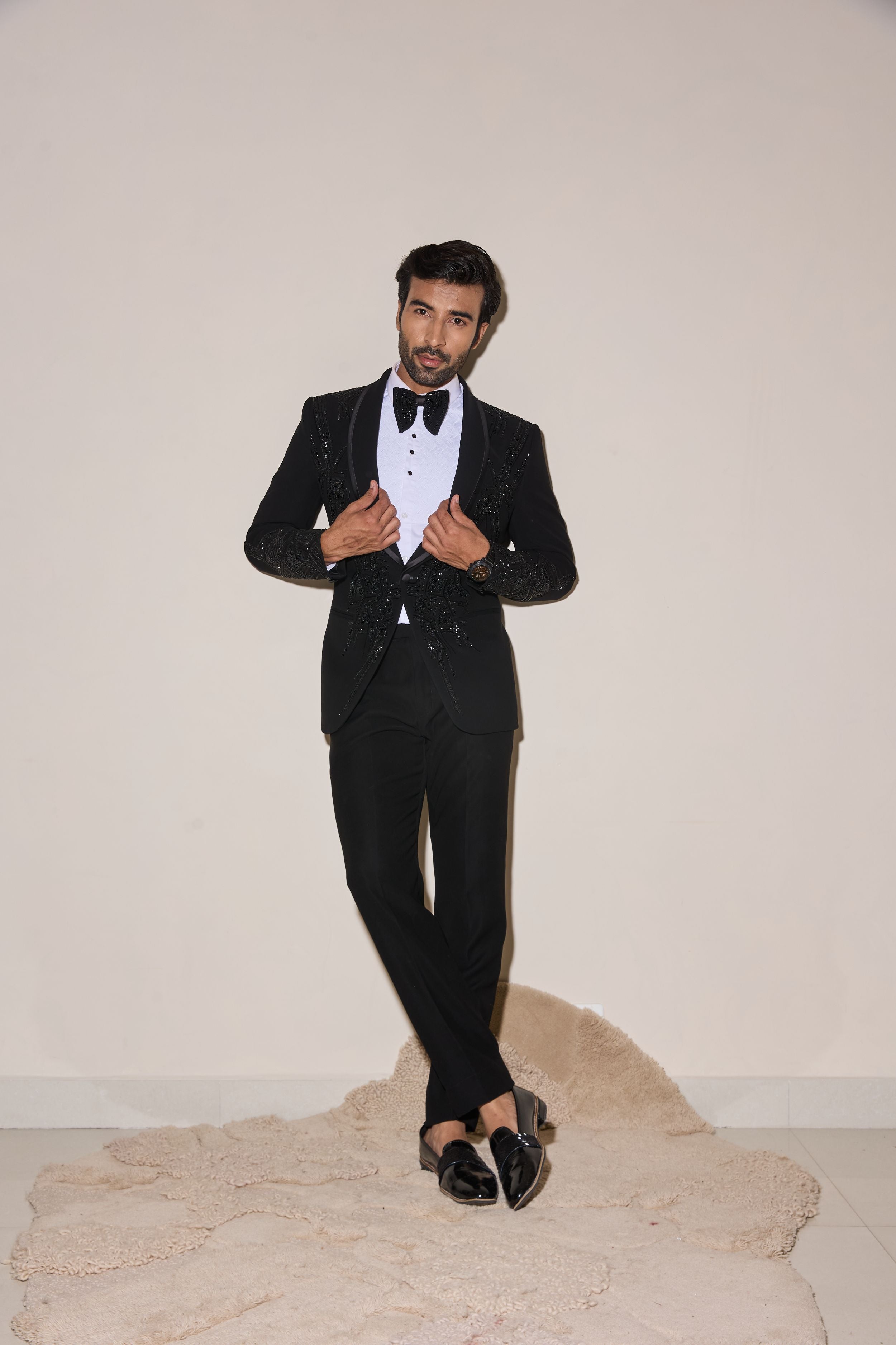 Black Cutdana And Beads Embroidery Tuxedo Set