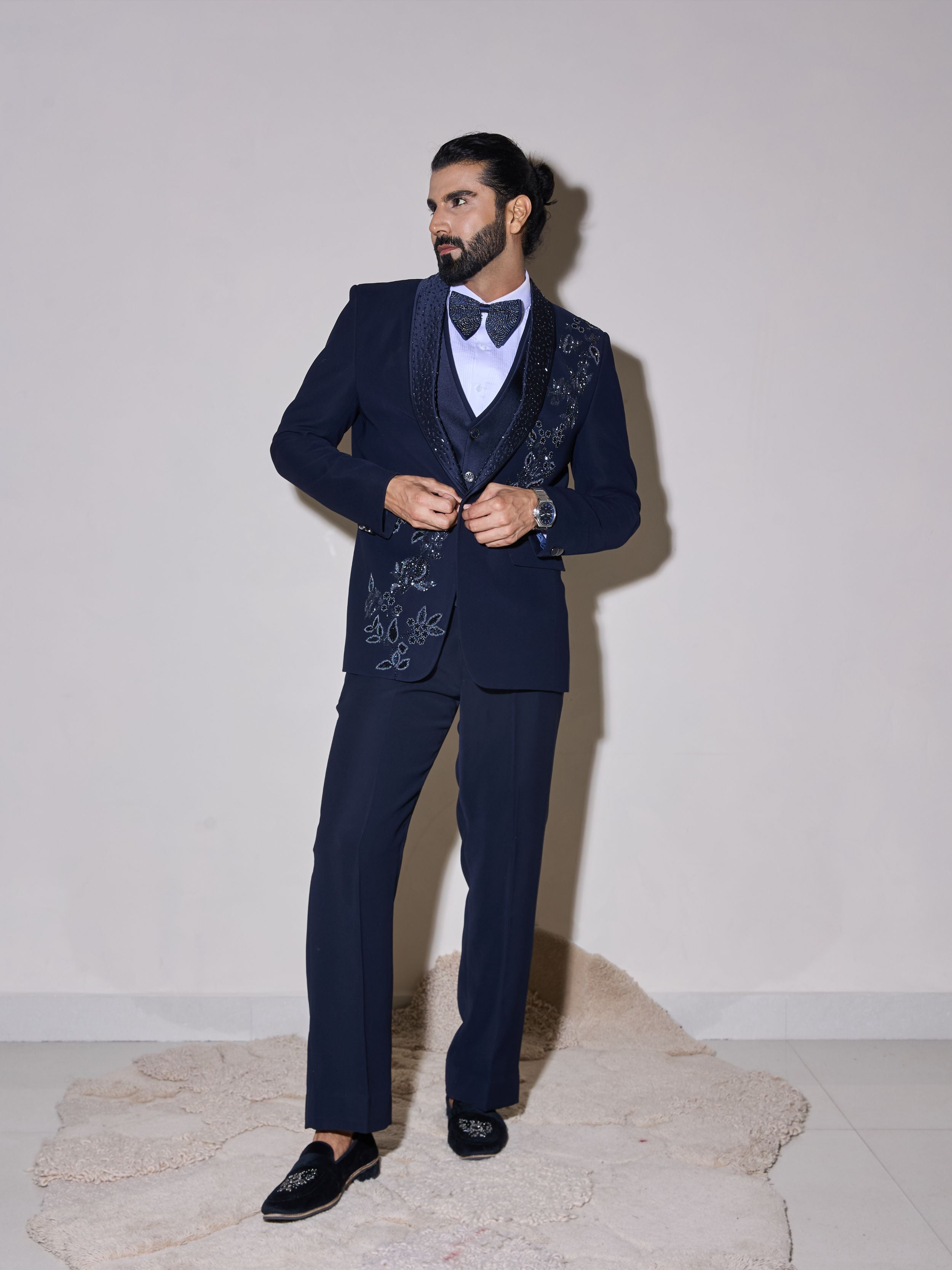 Blue Cutdana And Beads Embroidery Tuxedo Set