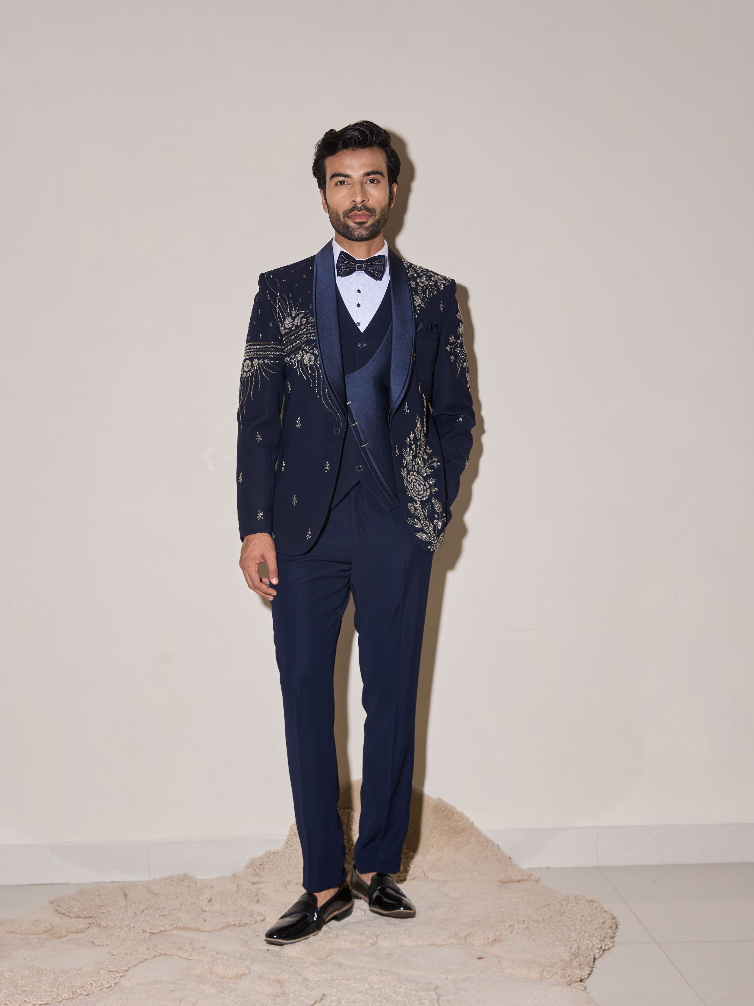 Blue Zardosi And Cutdana Hand Embroidery Tuxedo Set