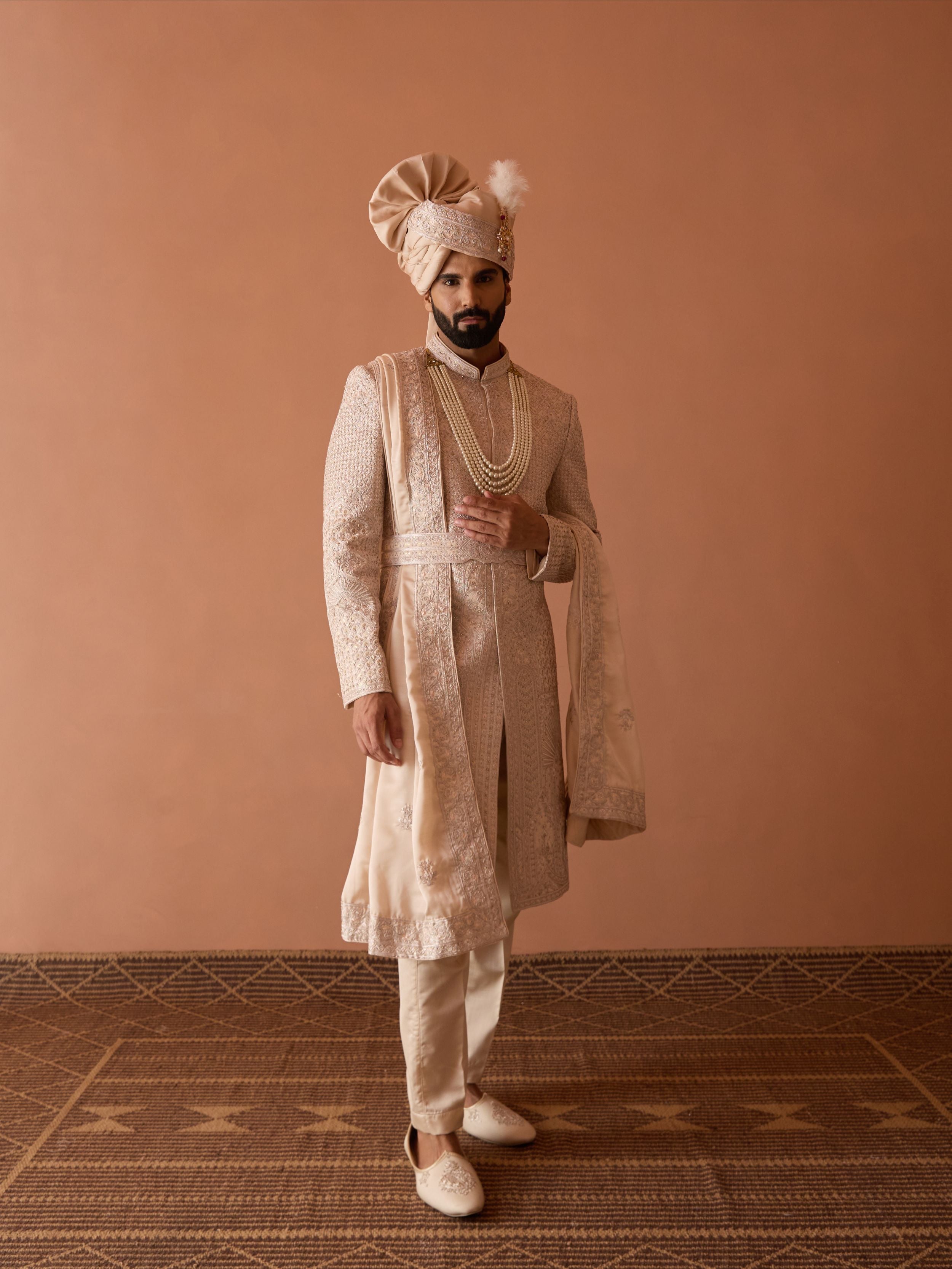 Peach nude Embroidered Sherwani