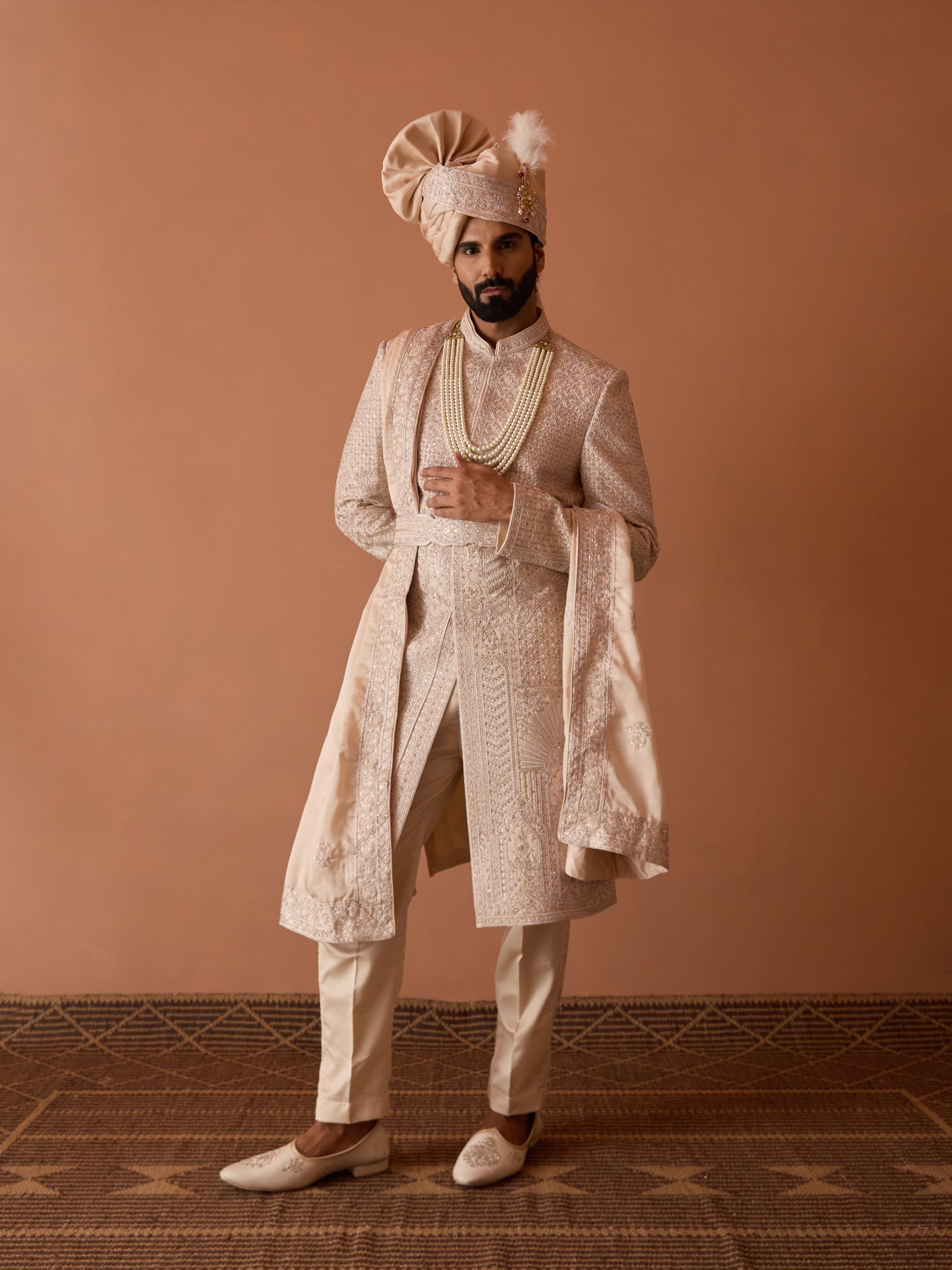 Peach nude Embroidered Sherwani