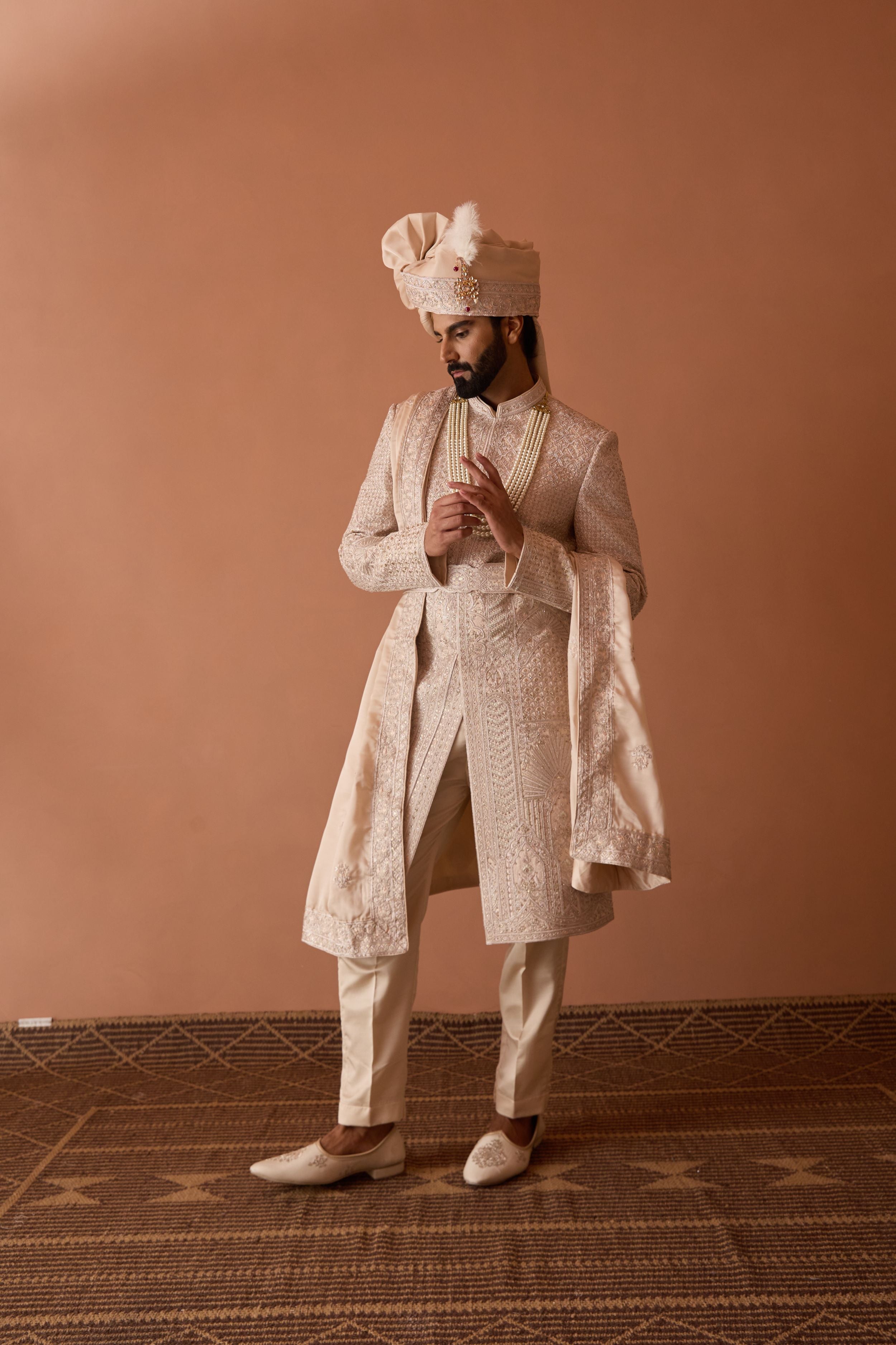 Peach nude Embroidered Sherwani