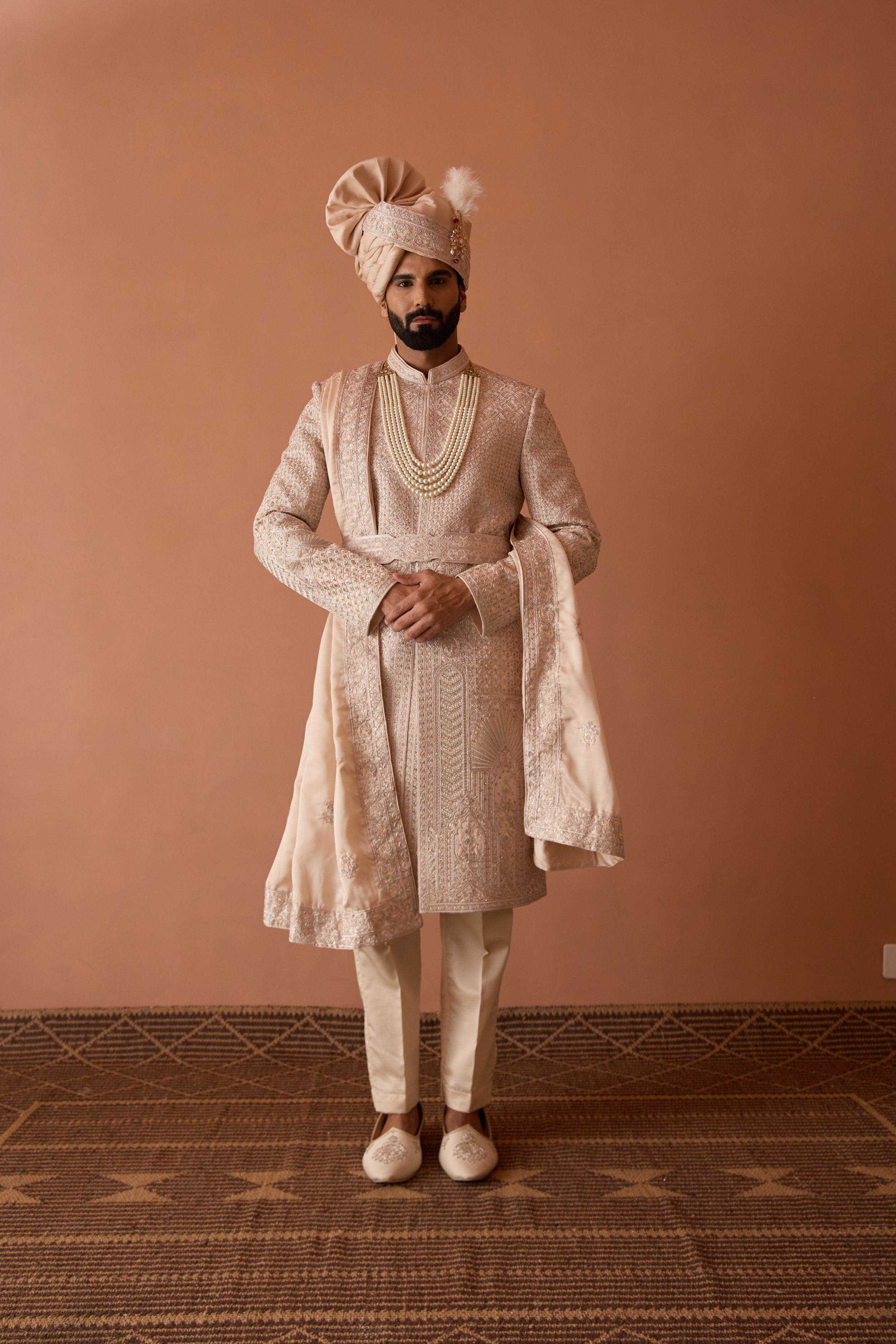 Peach nude Embroidered Sherwani