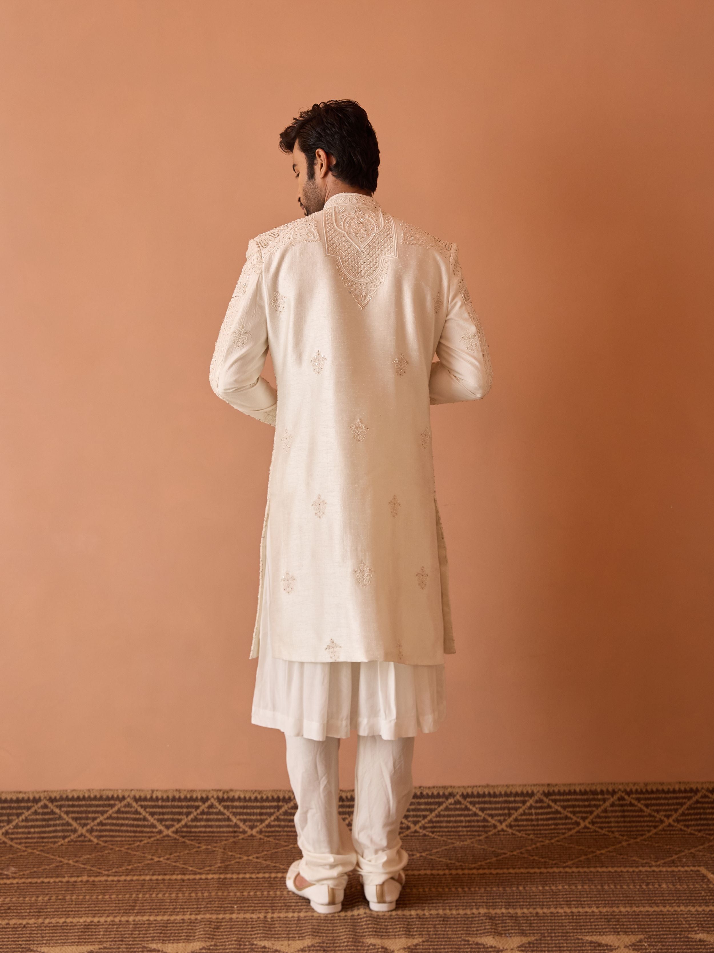 Ivory Sherwani In Thread Work