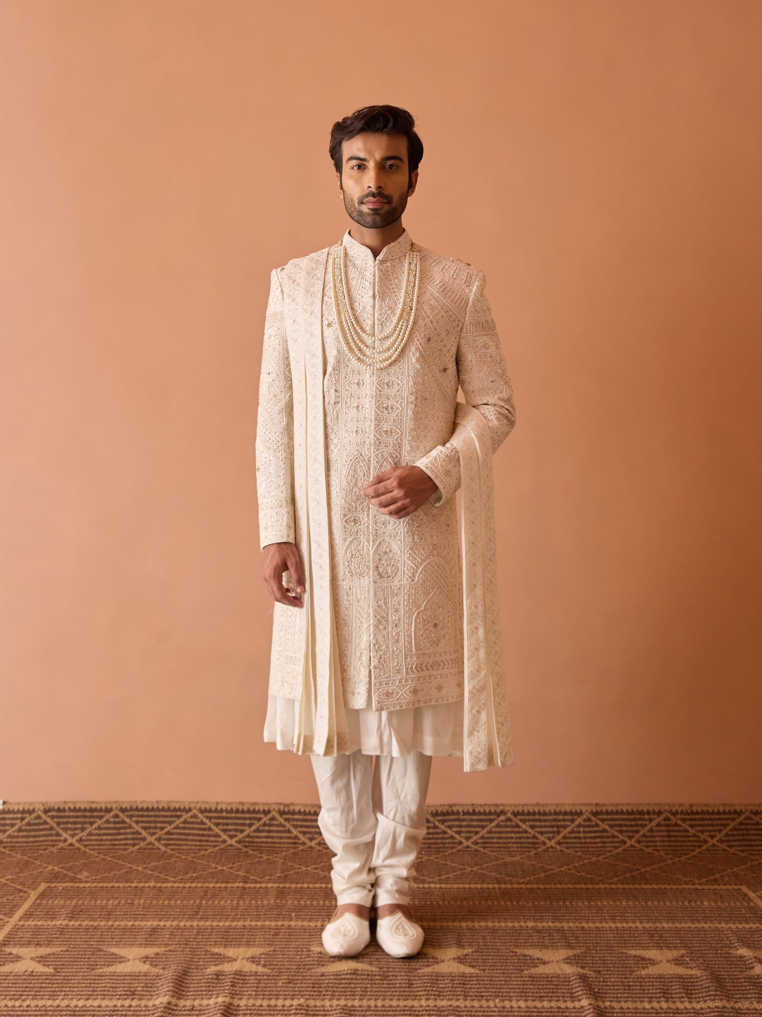 Ivory Sherwani In Thread Work