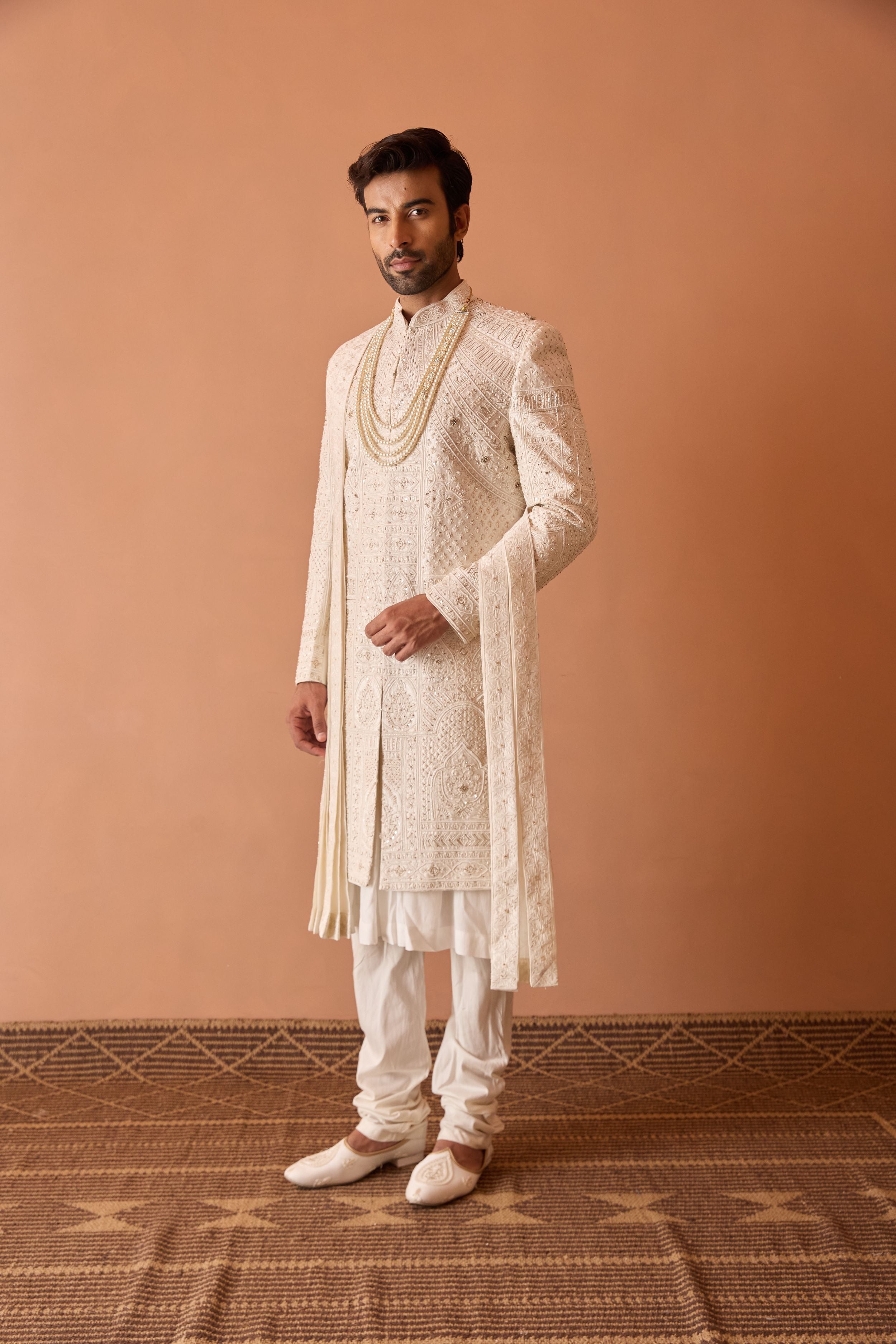 Ivory Sherwani In Thread Work