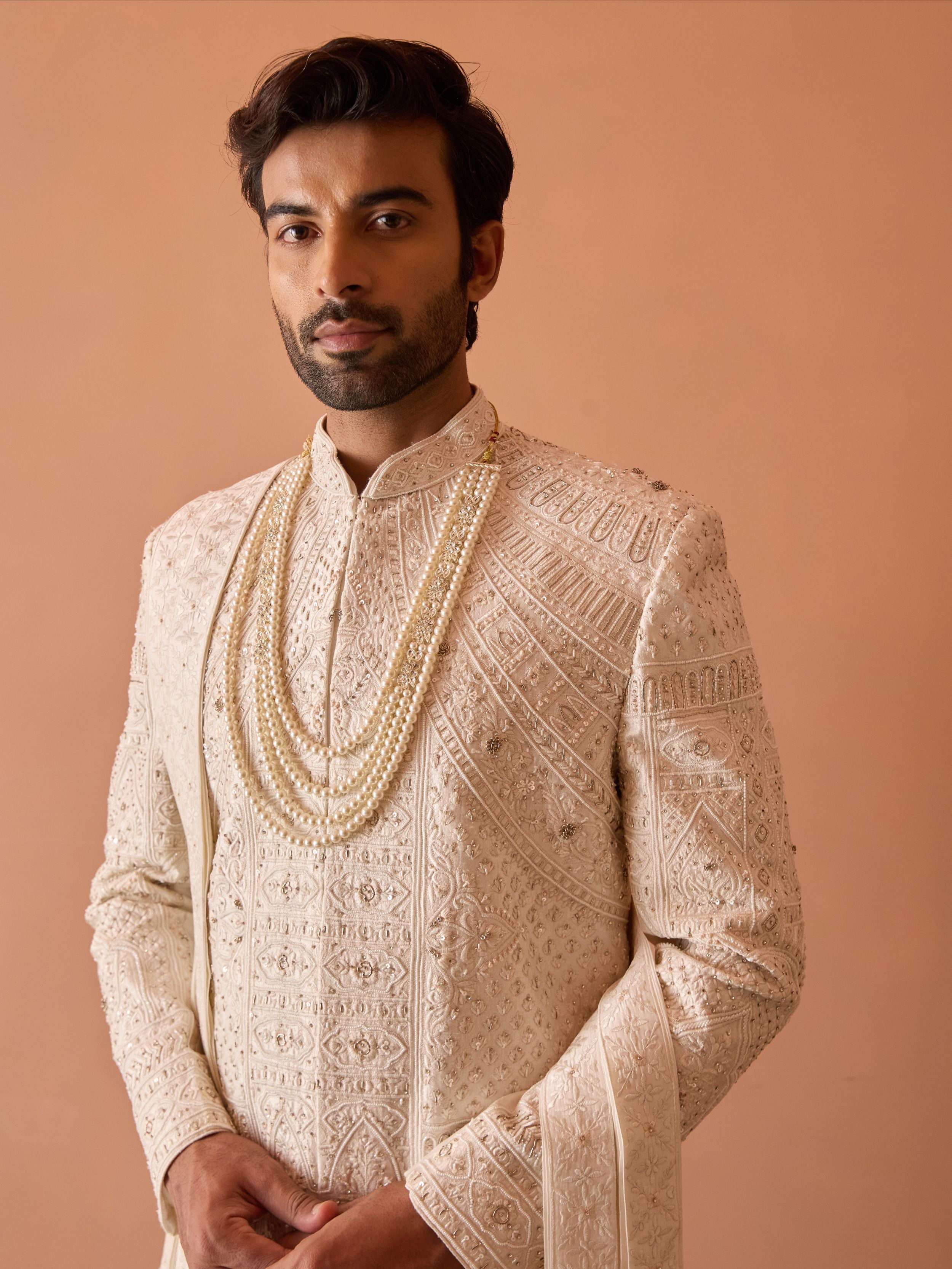 Ivory Sherwani In Thread Work