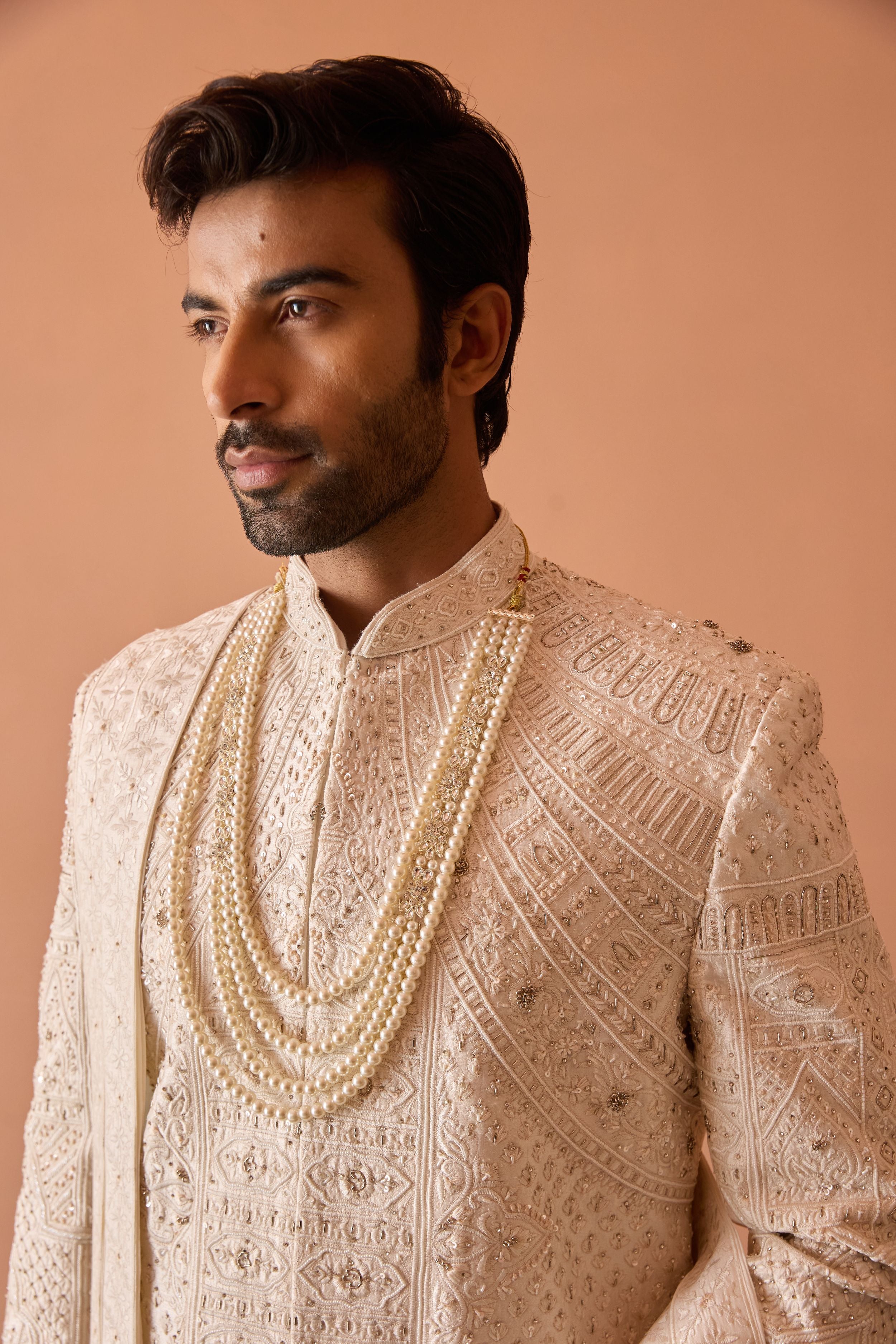 Ivory Sherwani In Thread Work