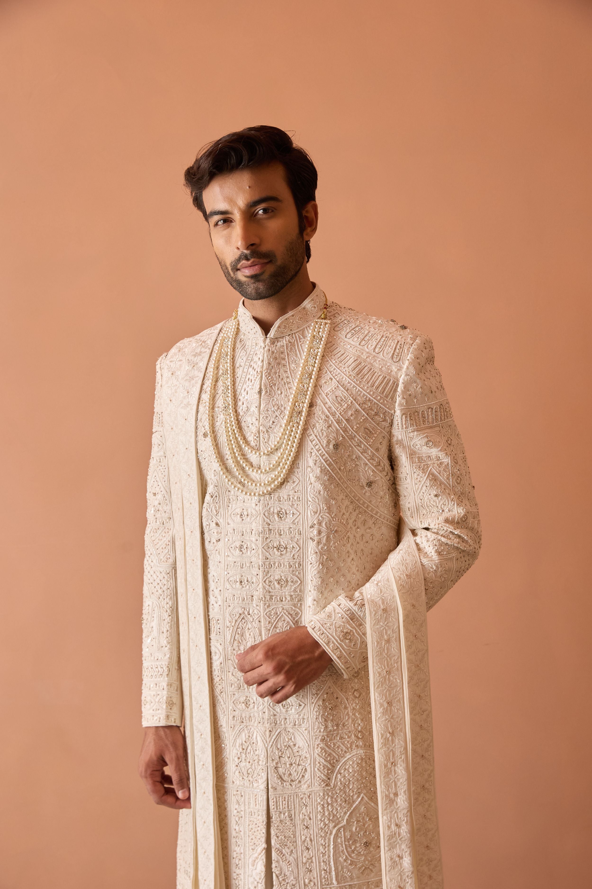 Ivory Sherwani In Thread Work