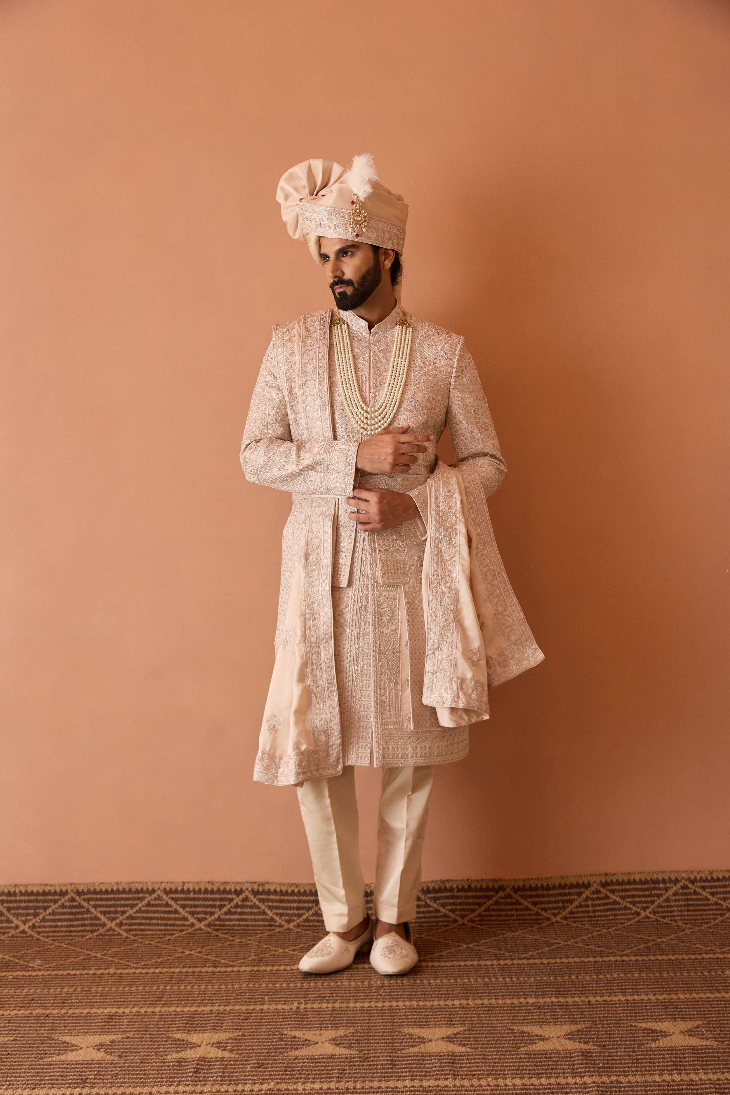 Peach Embroidered Sherwani