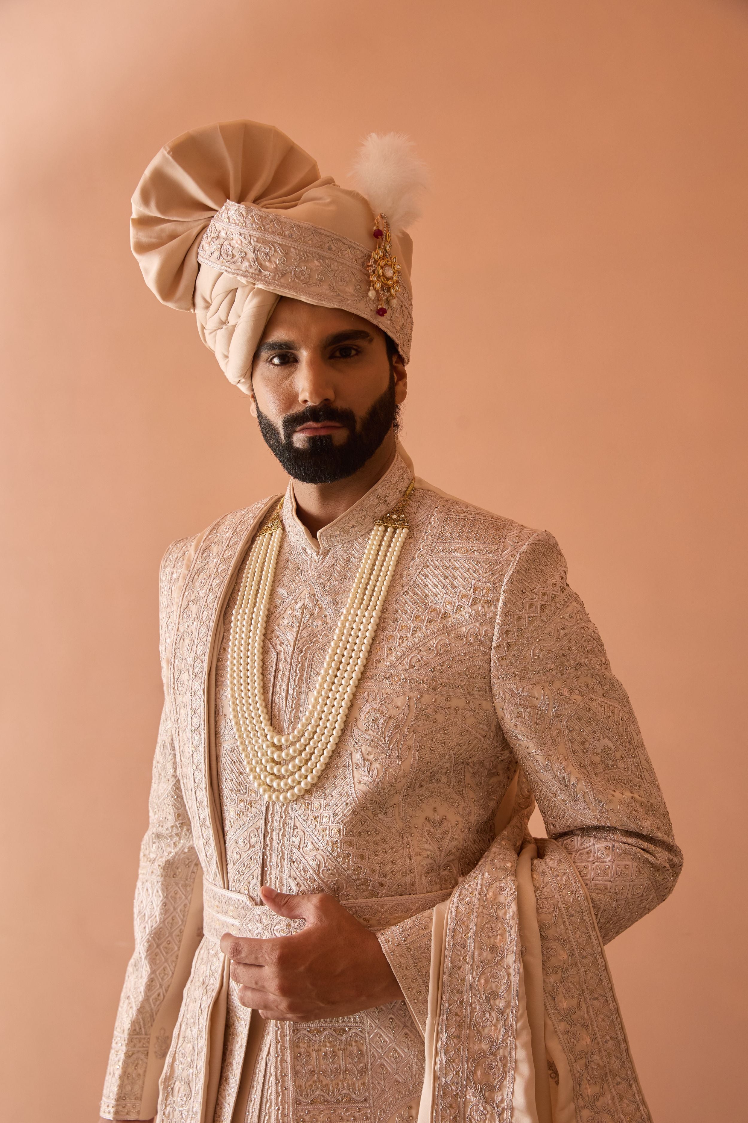Peach Embroidered Sherwani