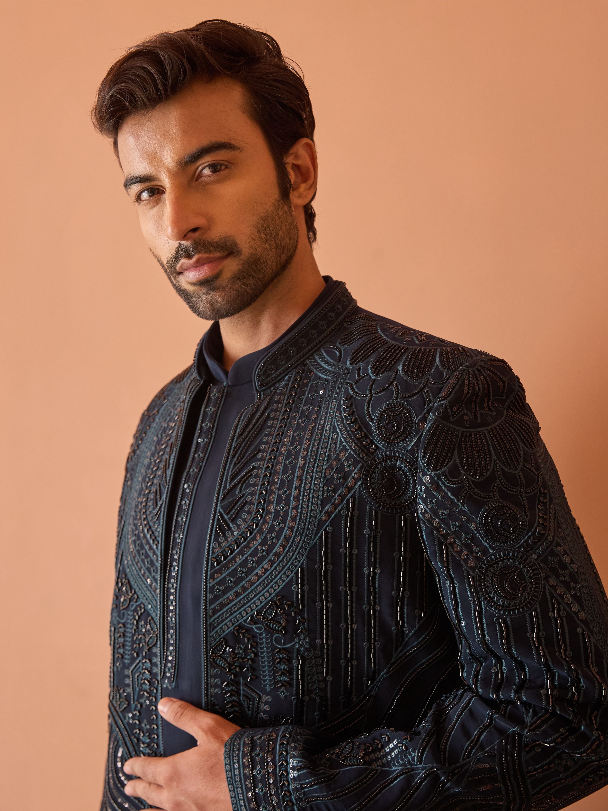 Teal Blue Indo-Western With Beads Work