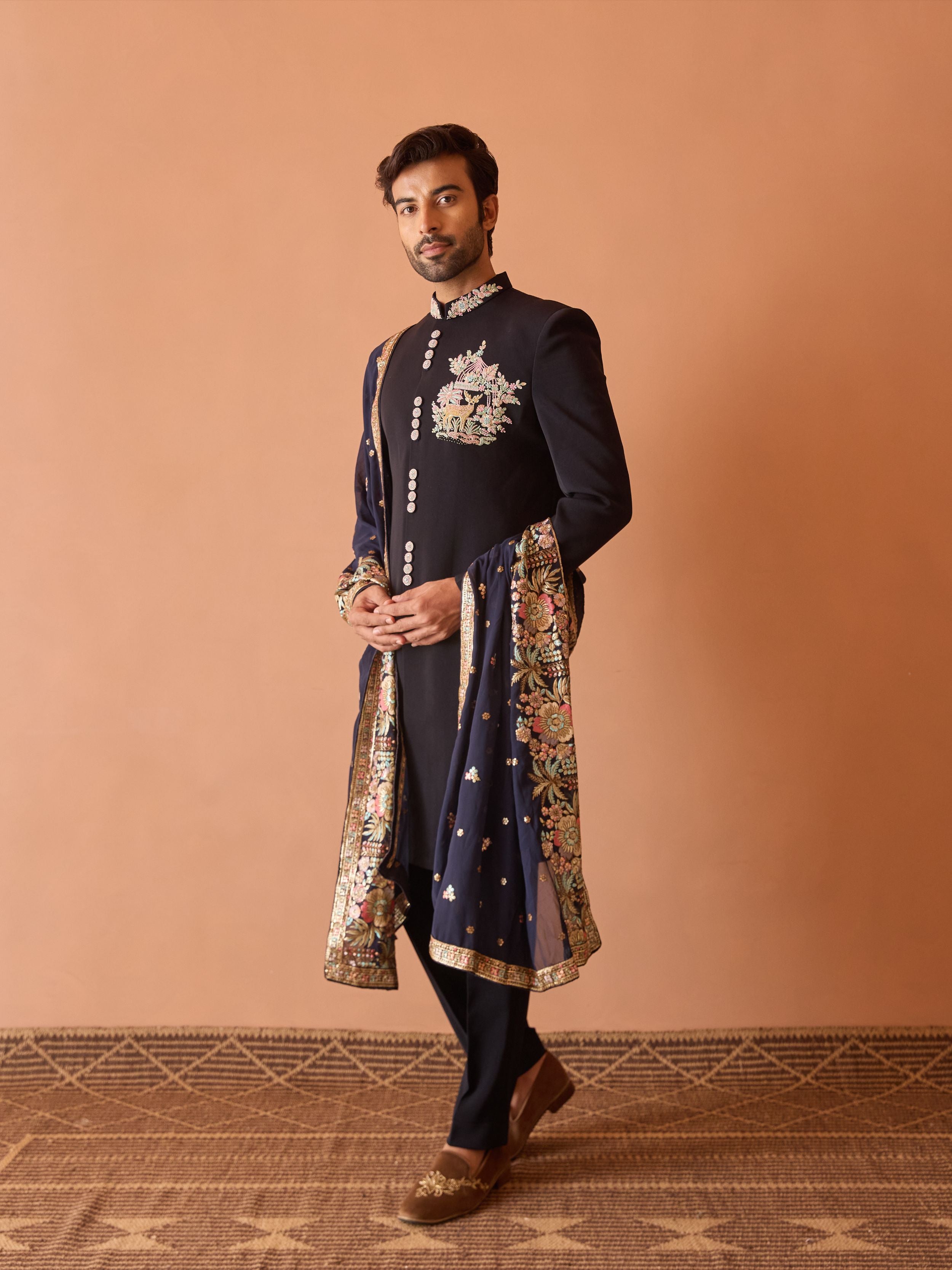 Blue Indo-Western with Thread work and Sequins highlights