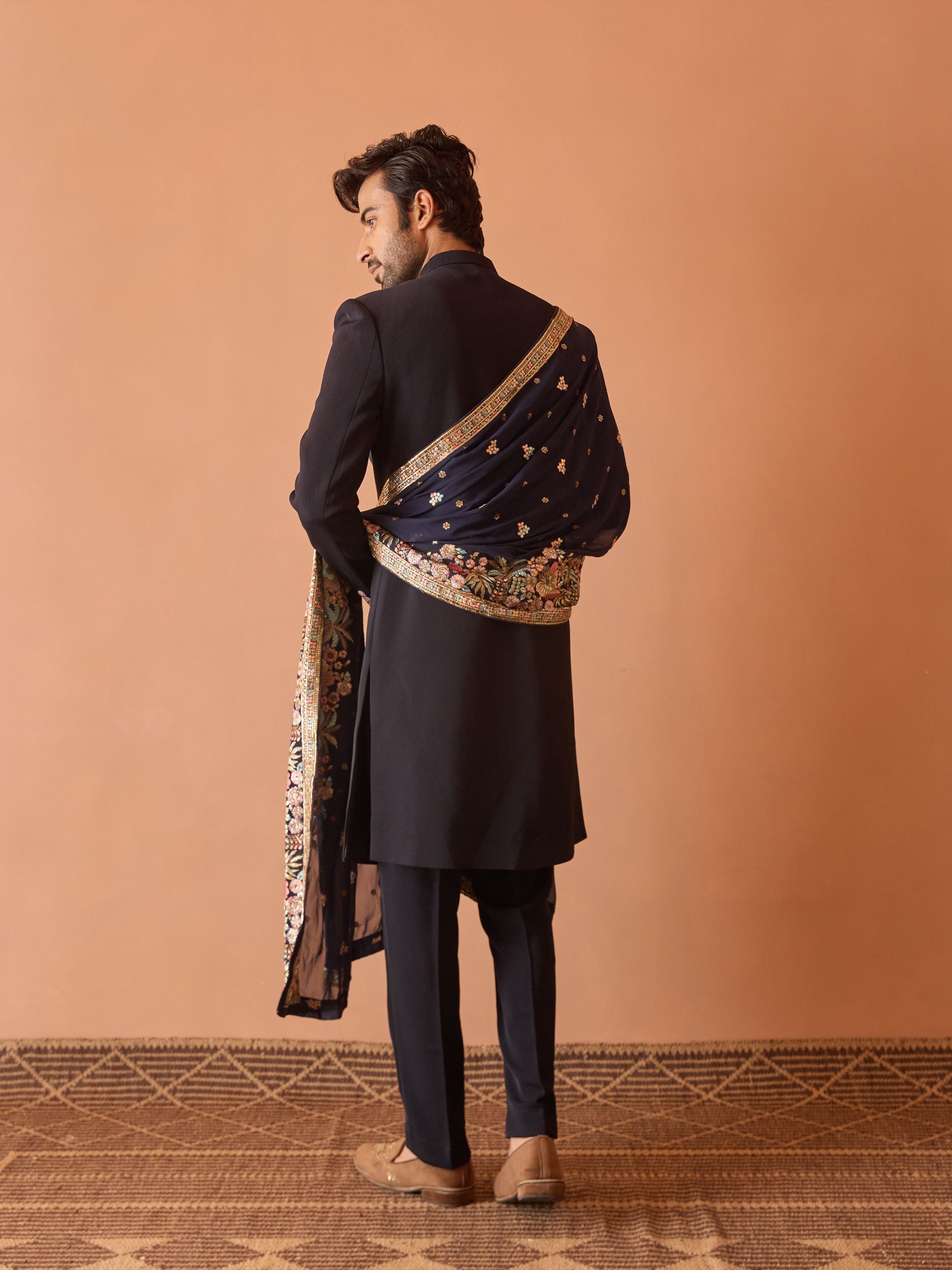 Blue Indo-Western with Thread work and Sequins highlights