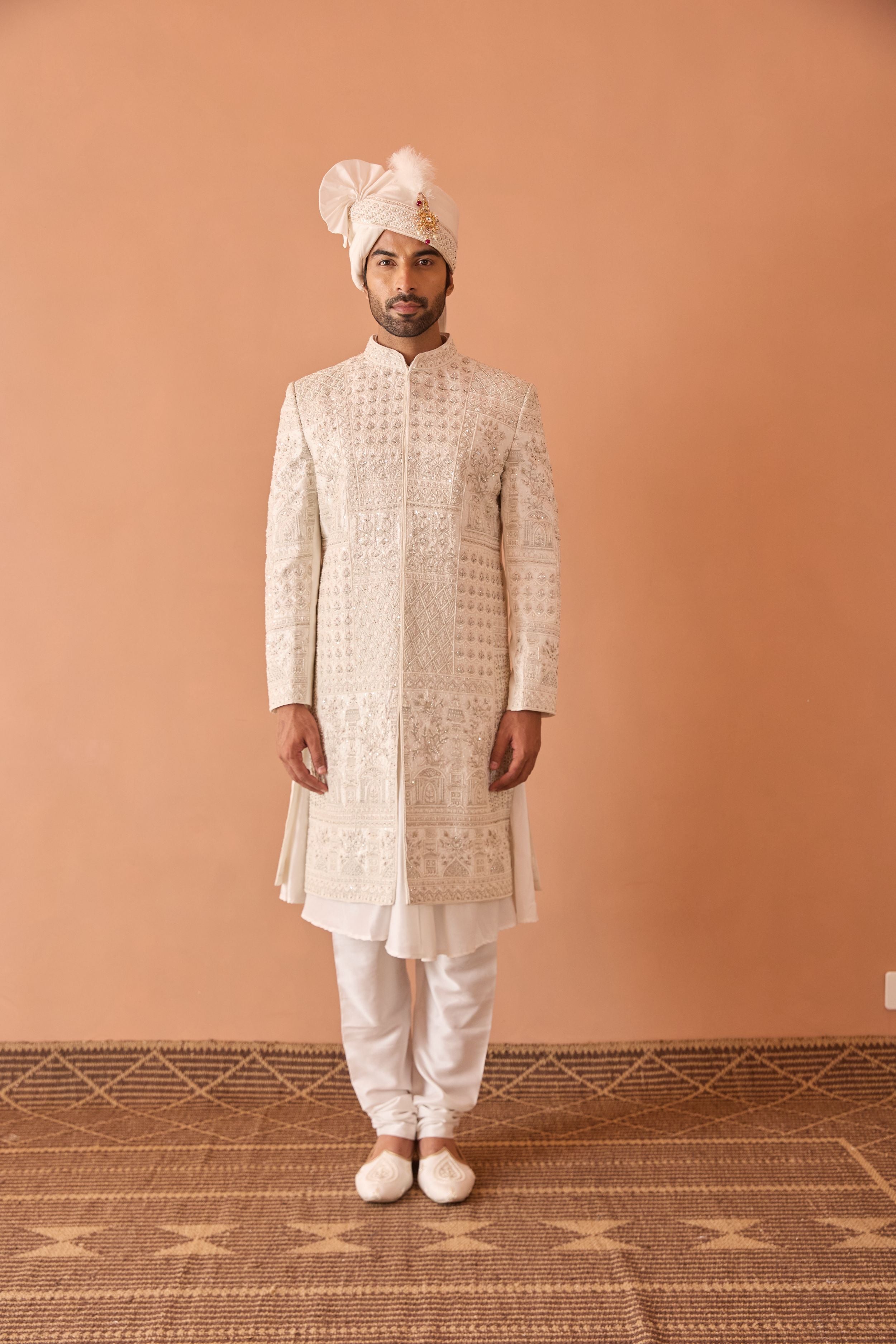 Ivory Sherwani in Cutdana & Thread Work