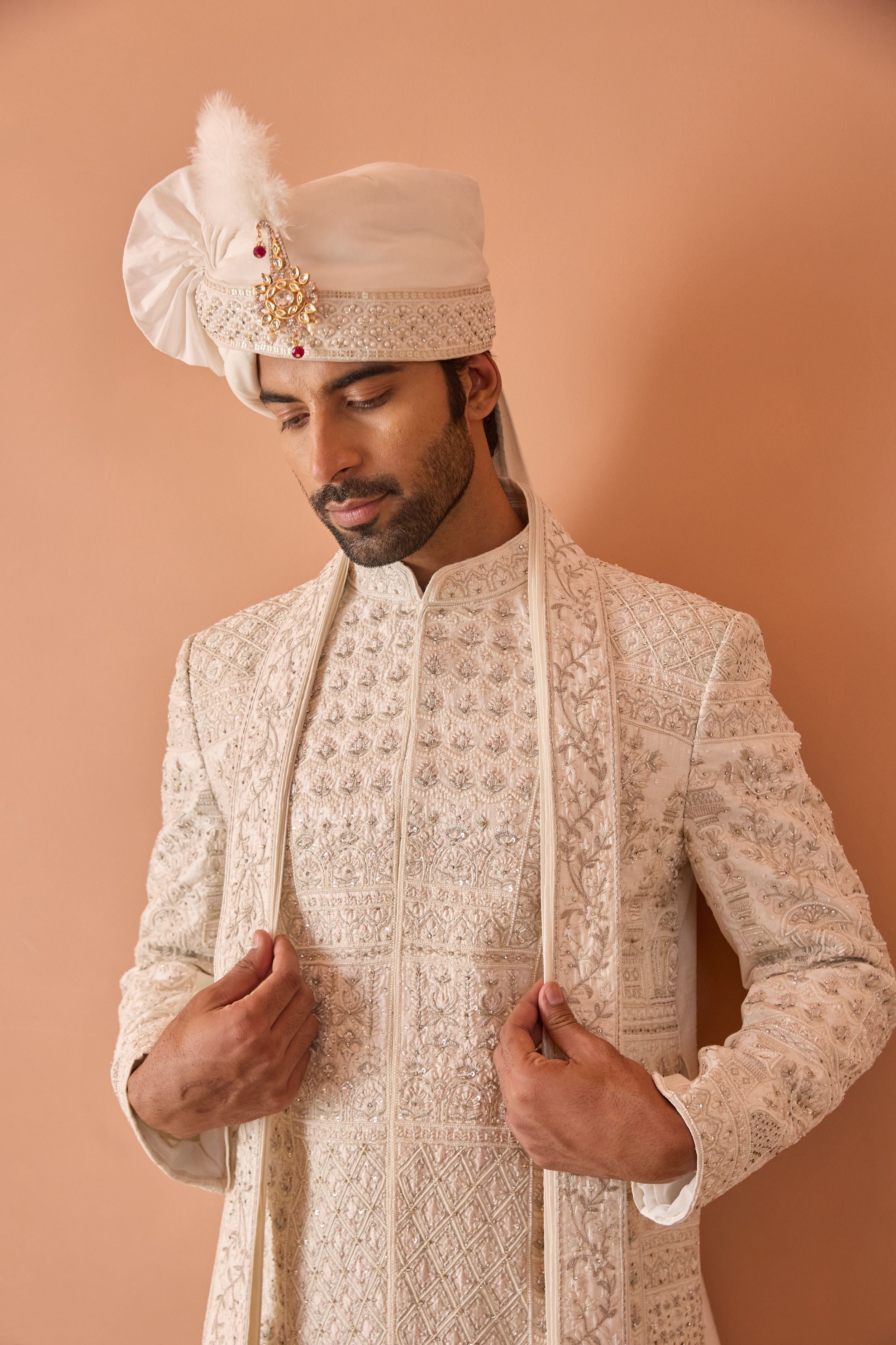 Ivory Sherwani in Cutdana & Thread Work