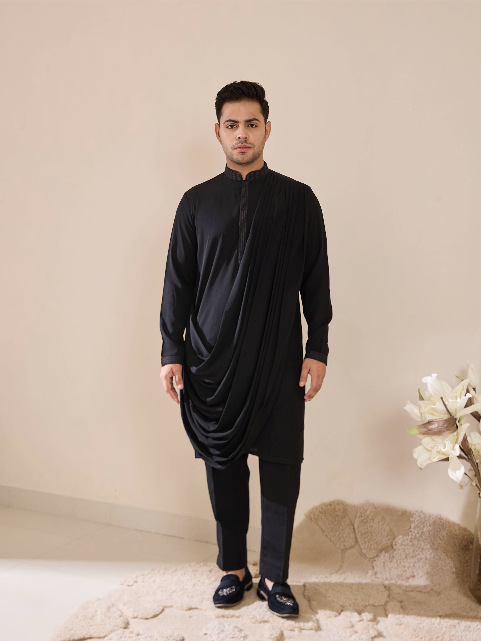 Black Multi Colored Embroidered Drape Kurta Set