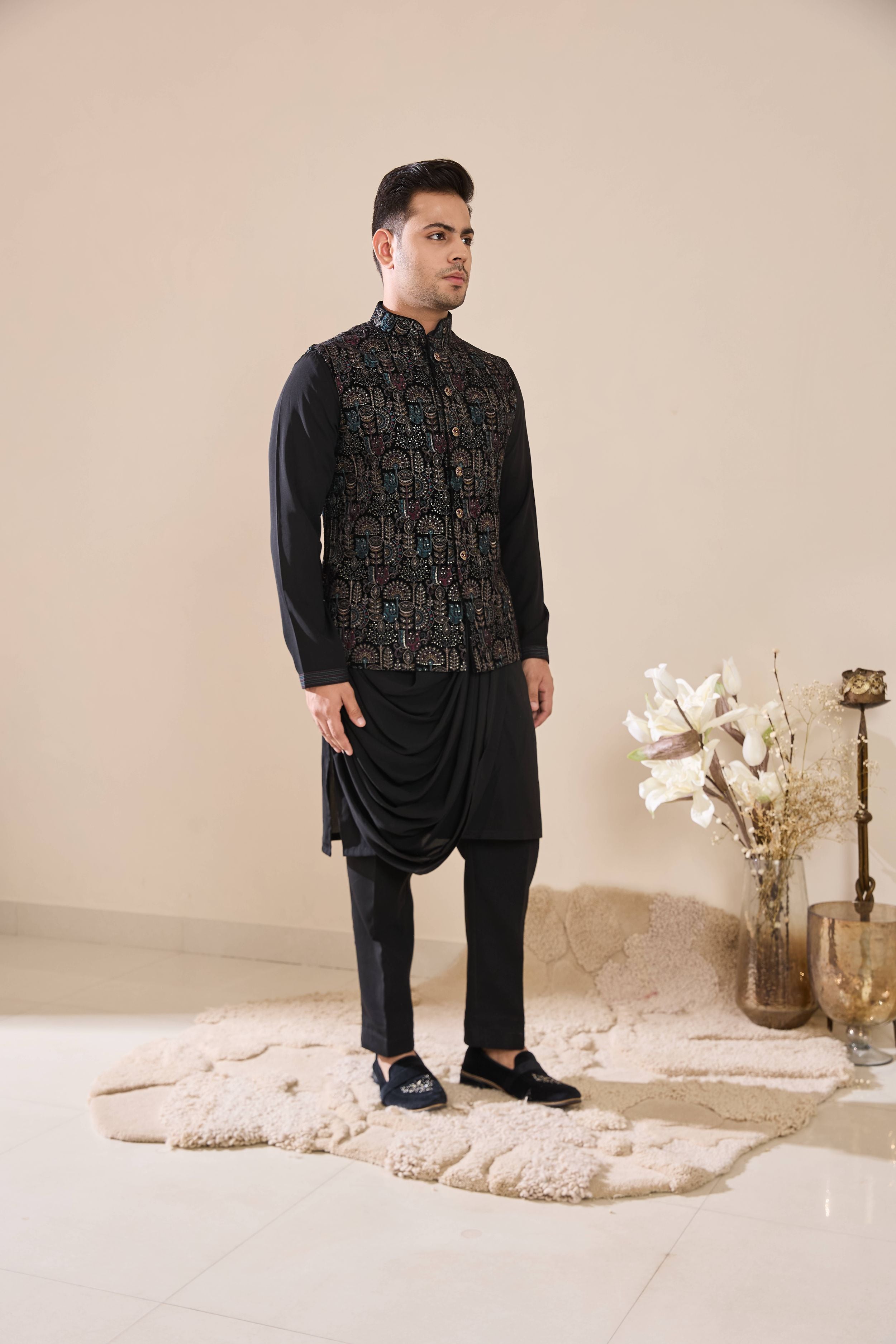 Black Multi Colored Embroidered Drape Kurta Set