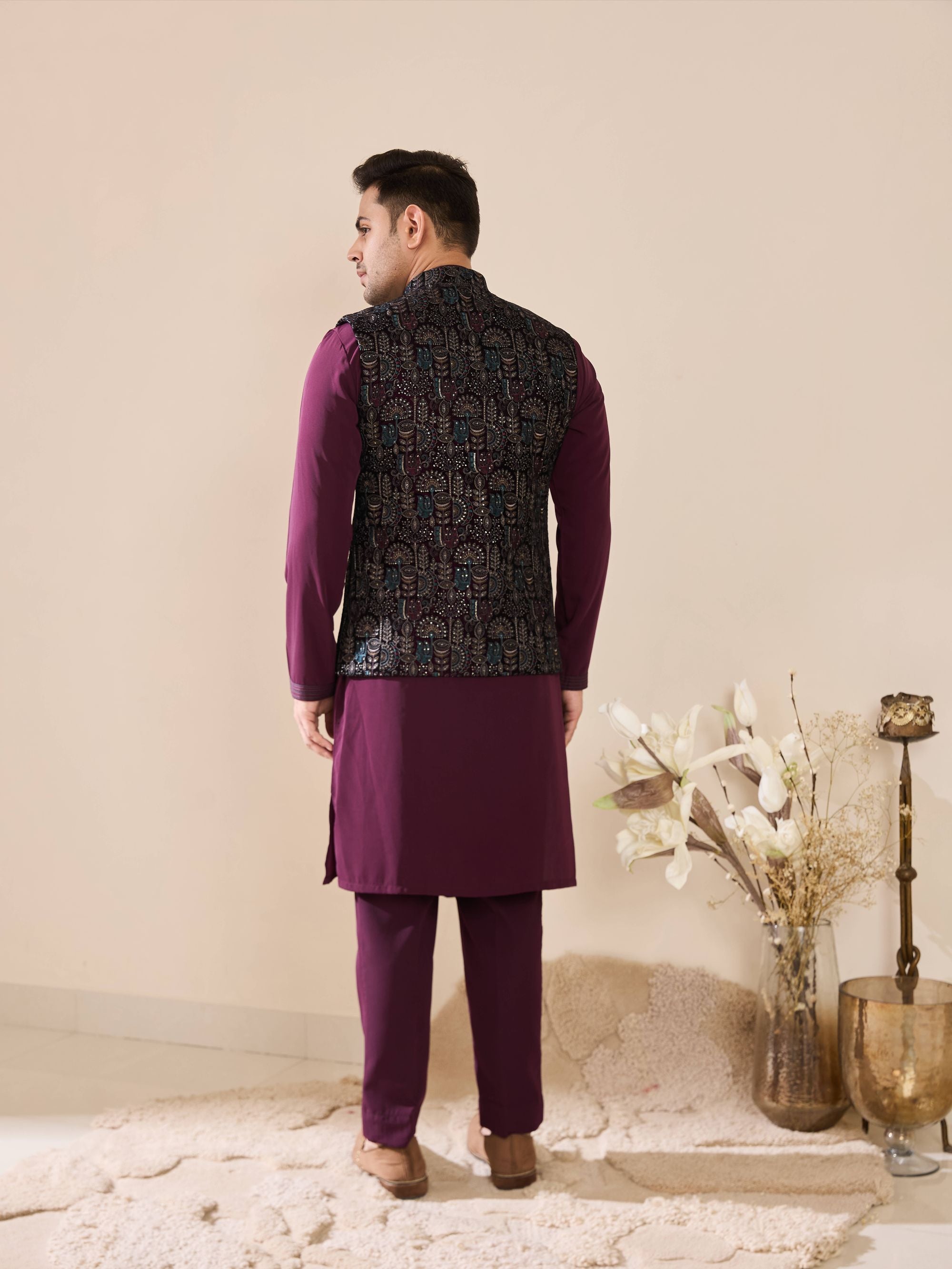 Wine Embroidered Kurta Set