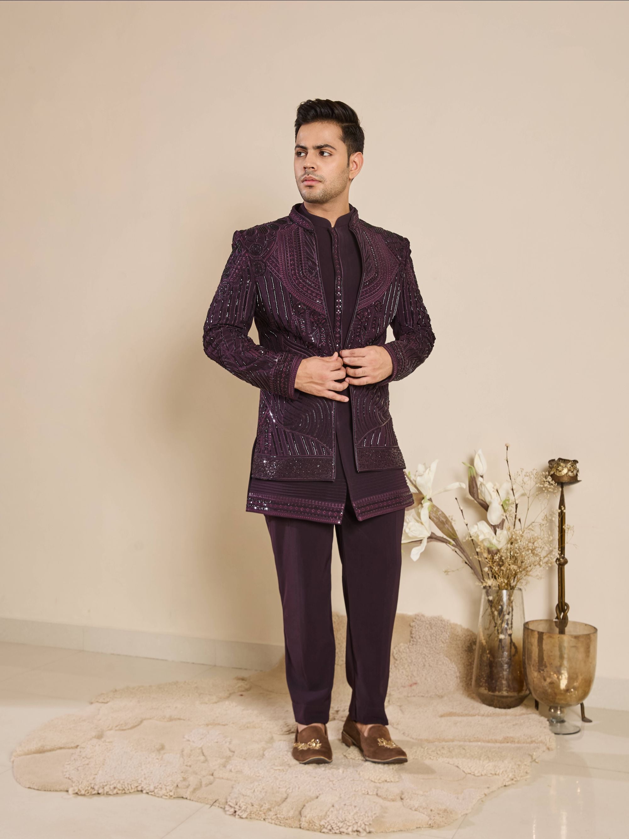 Dark Purple Hand Embroidered Beadwork Indo-Western