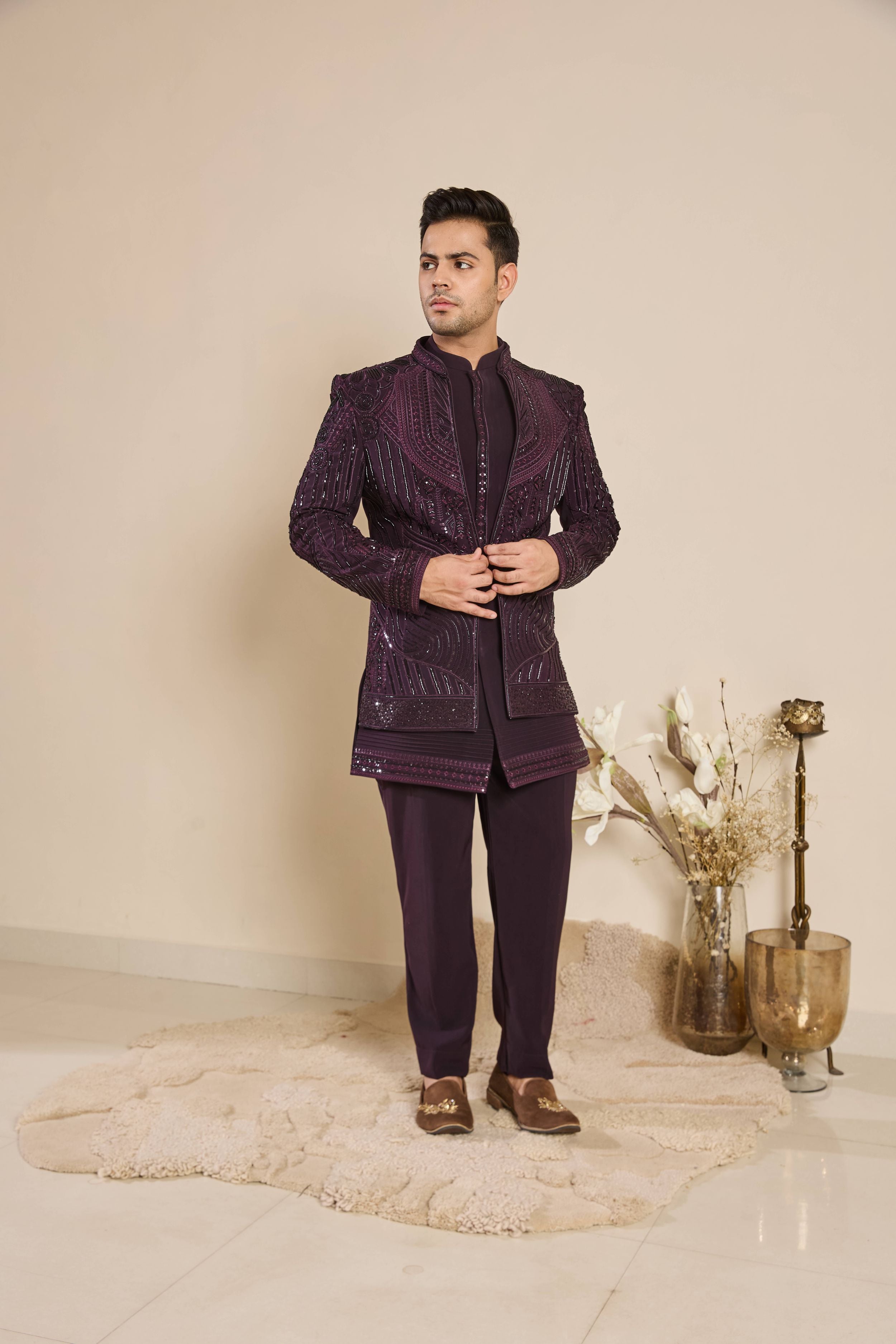 Wine Indo-Western with Beads Work