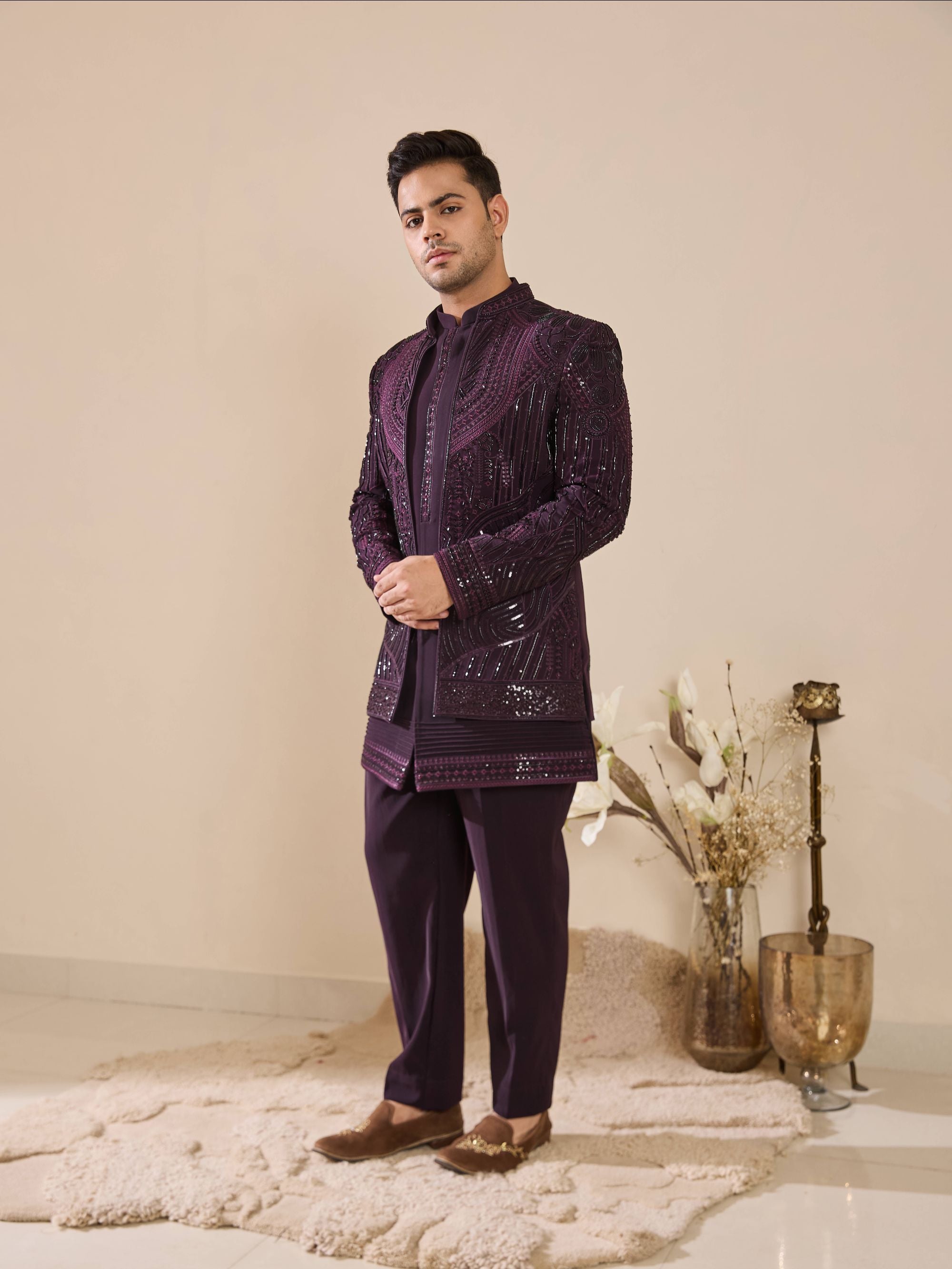 Dark Purple Hand Embroidered Beadwork Indo-Western