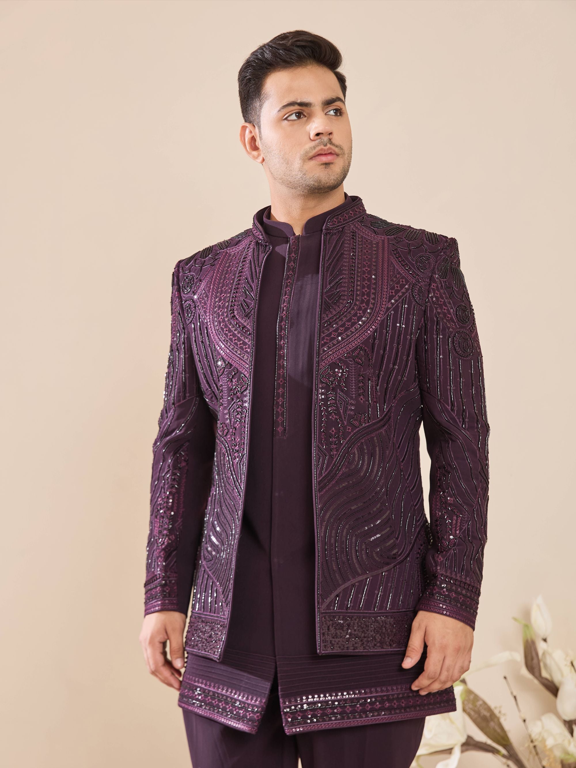 Dark Purple Hand Embroidered Beadwork Indo-Western