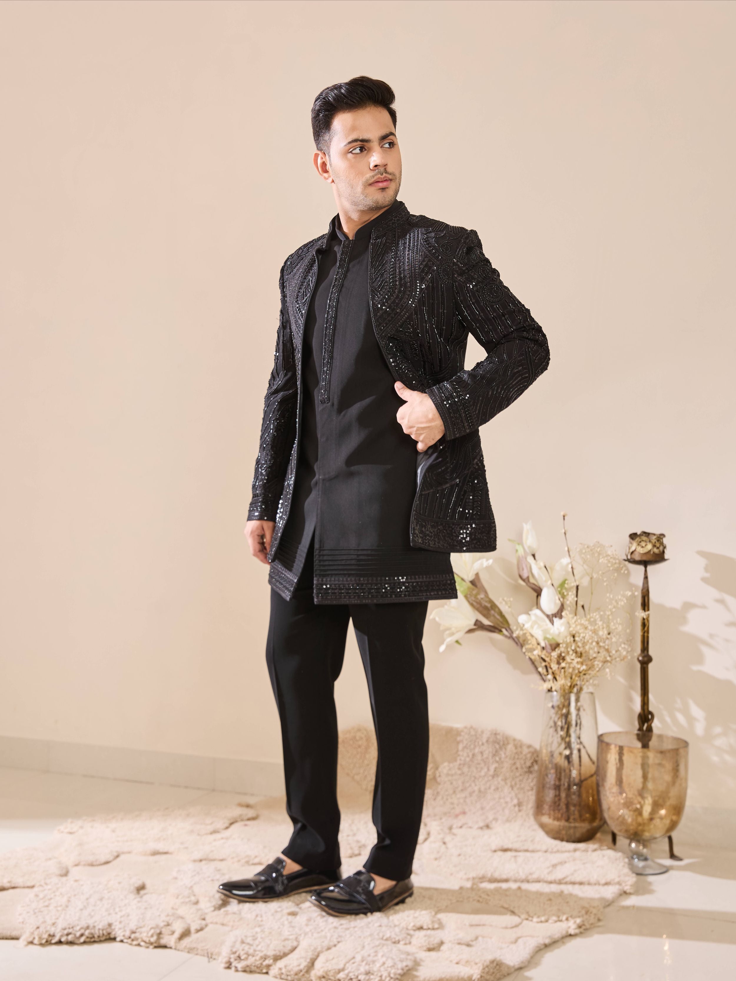 Black Indo-Western with All-Over Beads Work