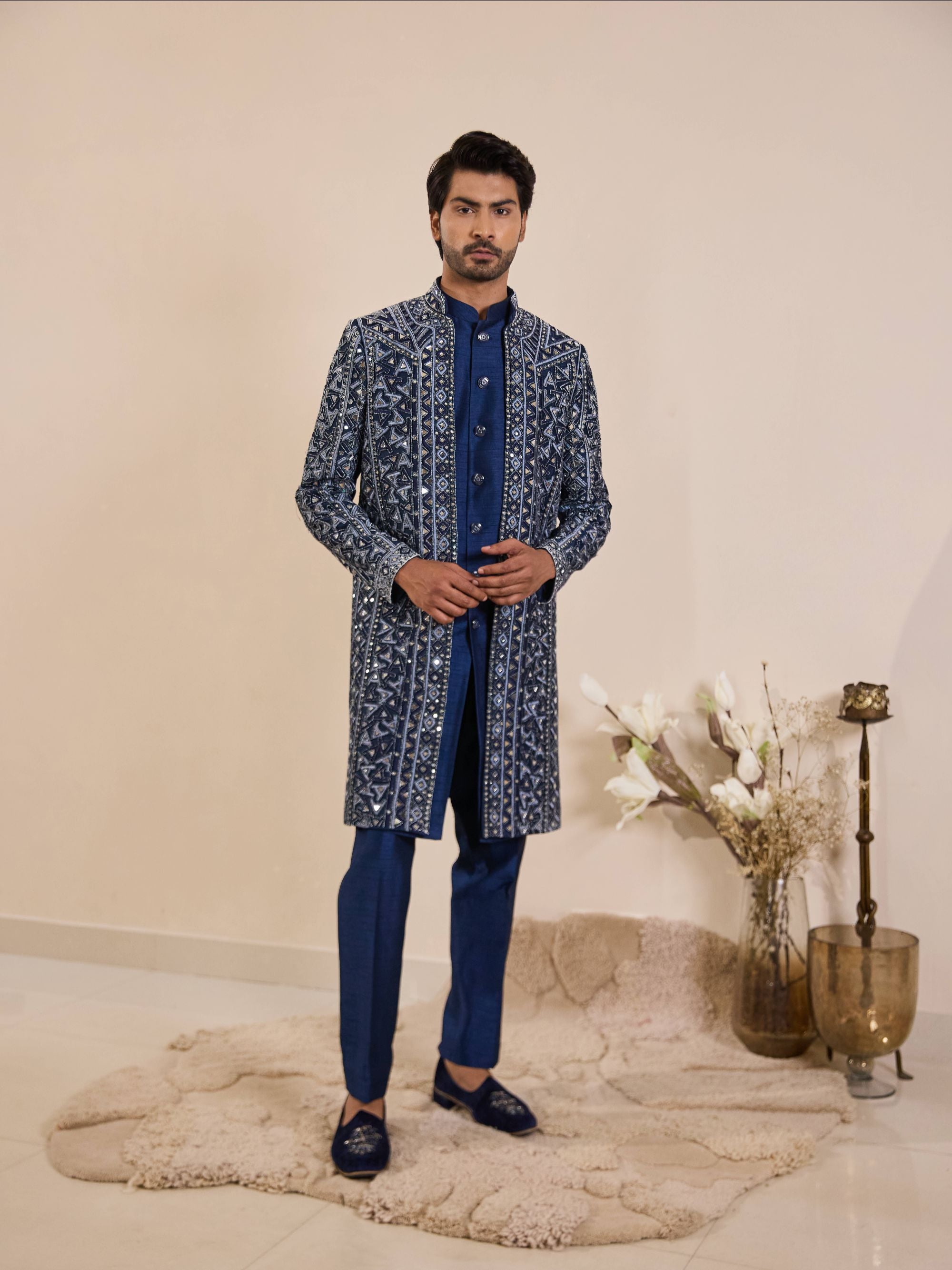 Blue Indo-Western in Beads and mirror Work