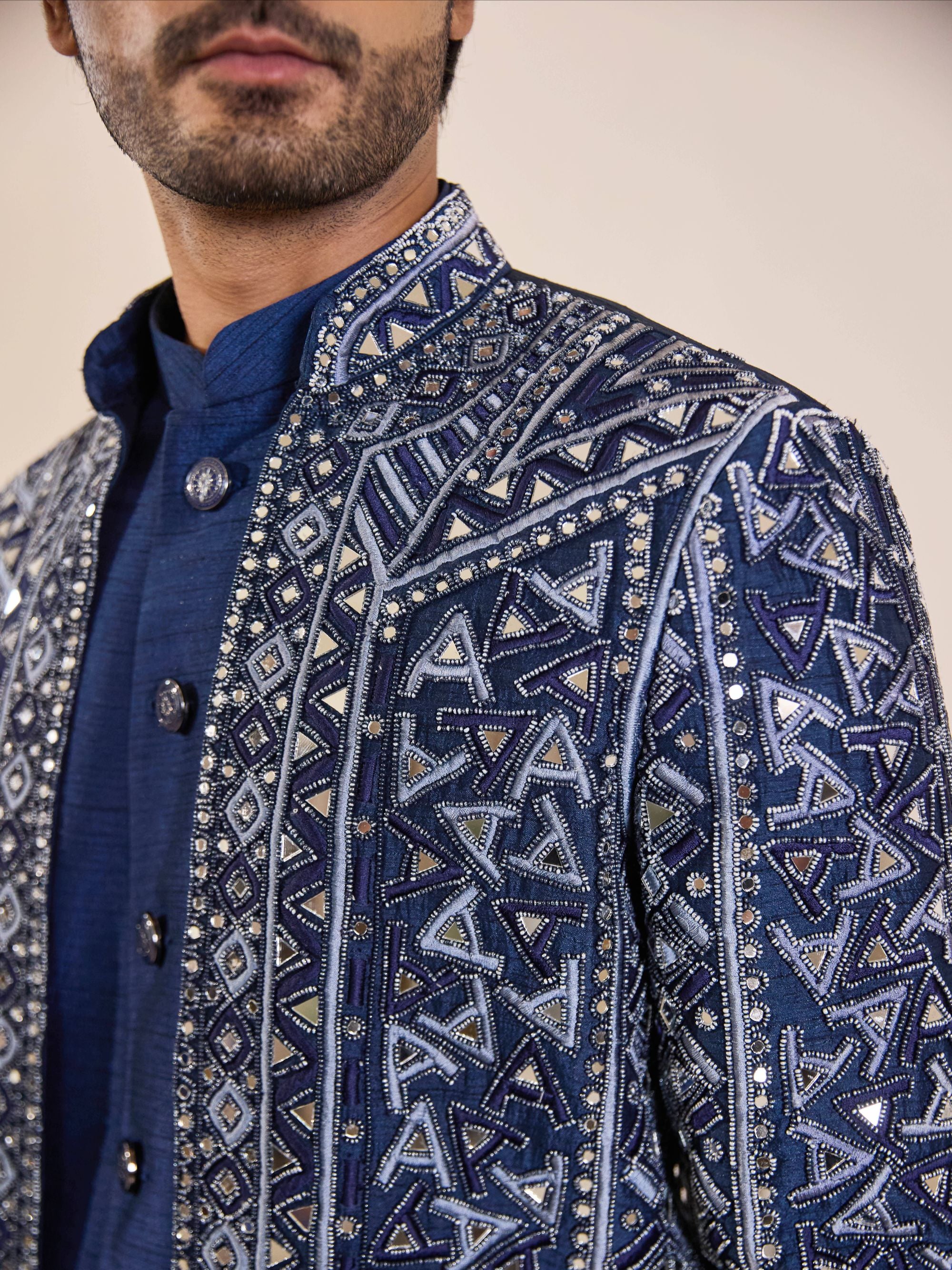 Blue Indo-Western in Beads and mirror Work