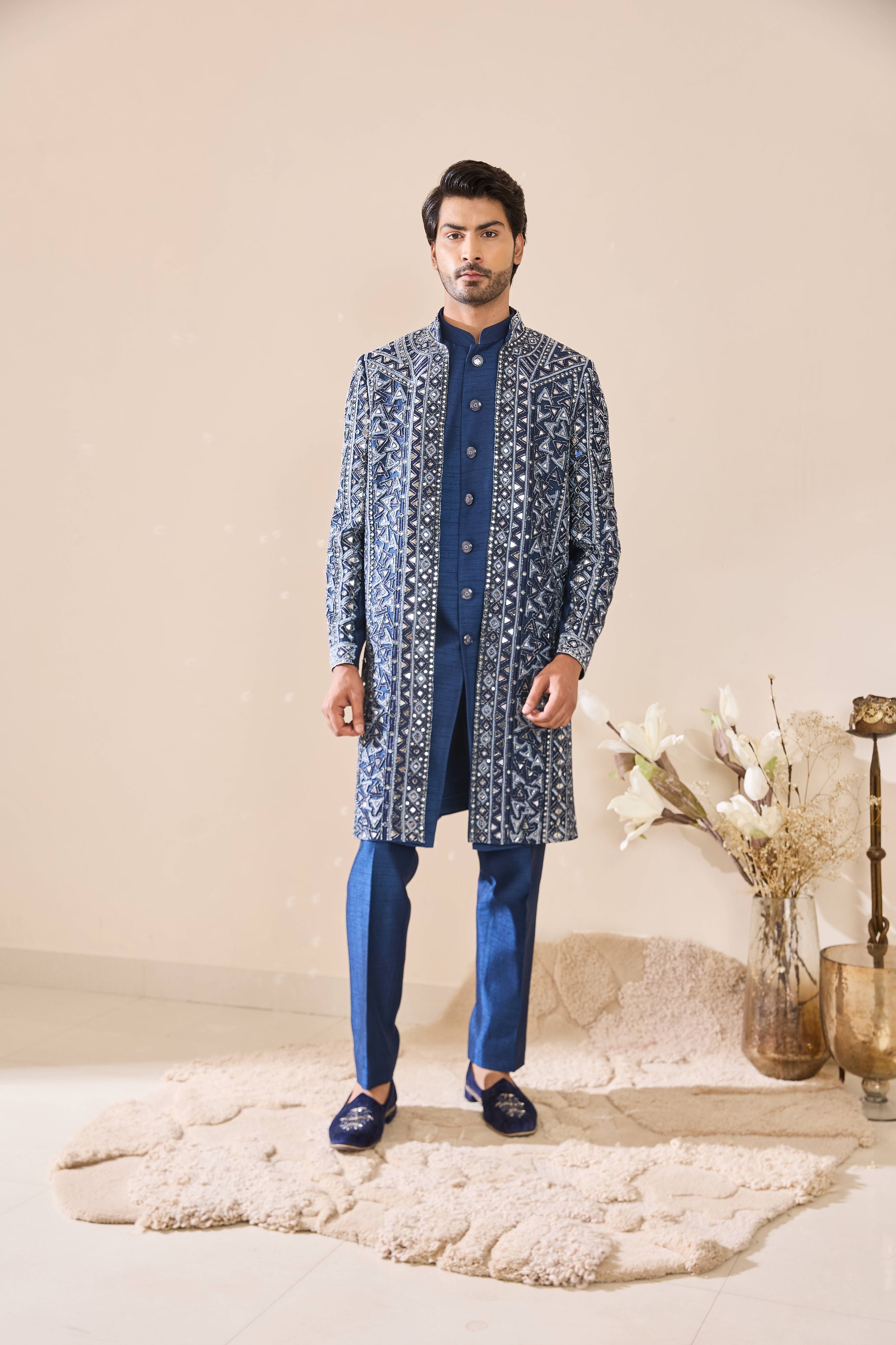 Blue Indo-Western in Beads and mirror Work