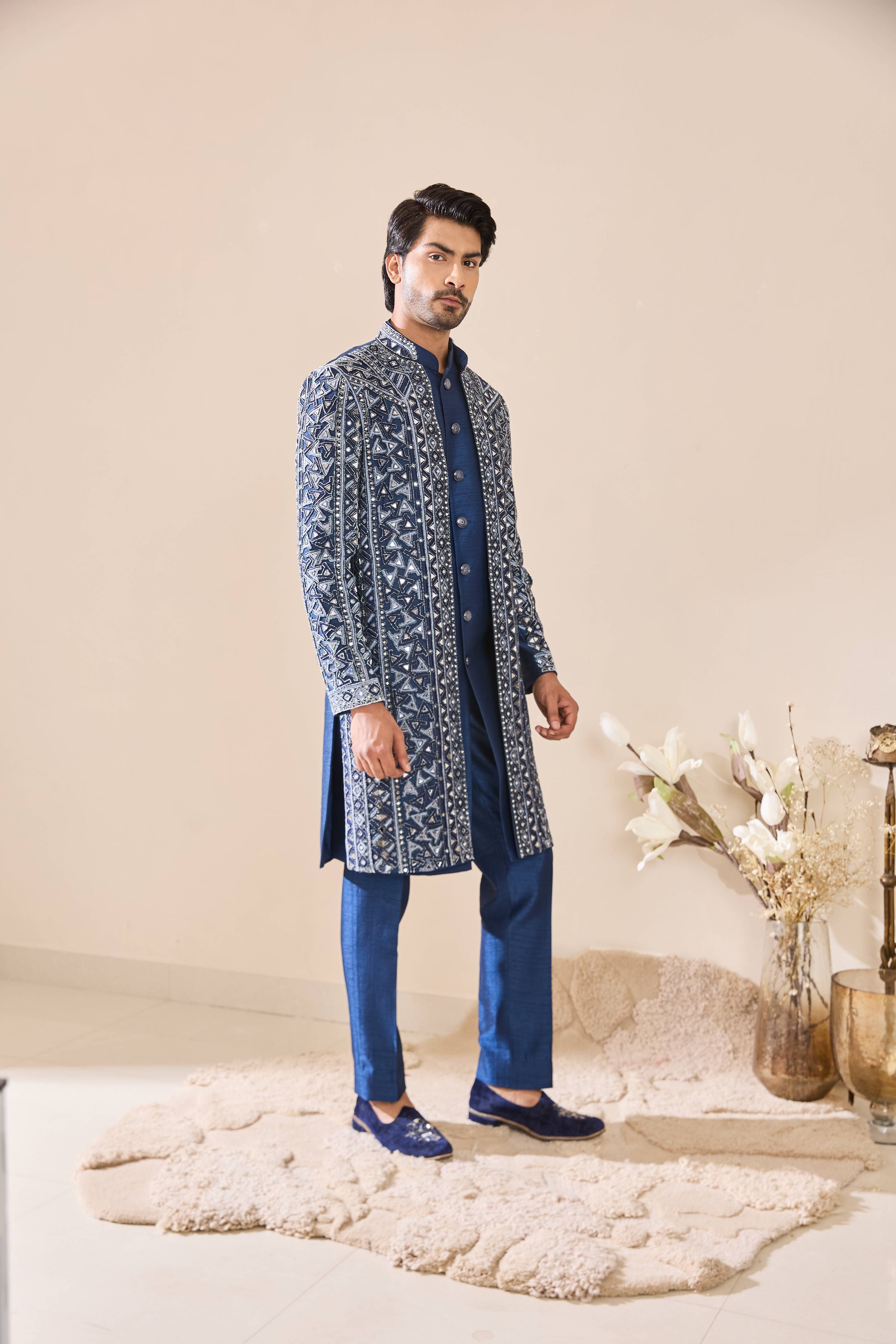 Blue Indo-Western in Beads and mirror Work