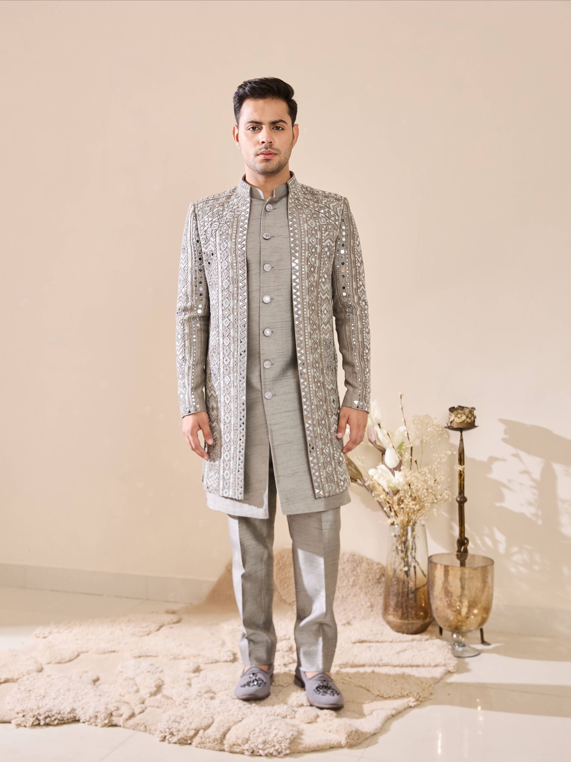 Grey Indo-Western in Beads and mirror Work